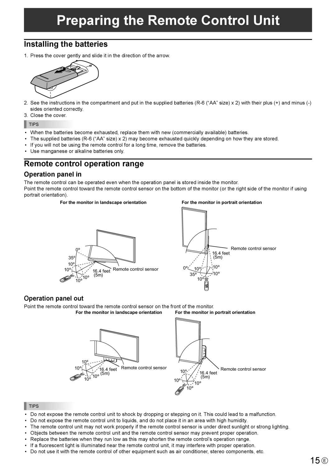 Sharp PN-R703, PN-R603 Preparing the Remote Control Unit, 15 E, Installing the batteries, Remote control operation range 