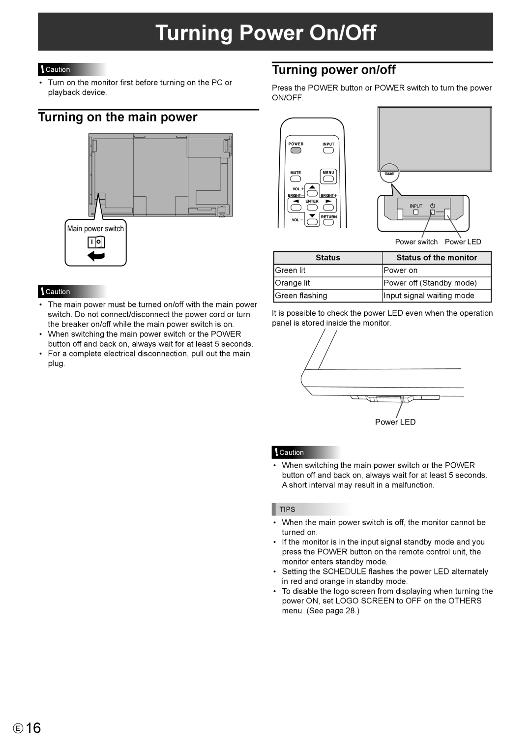 Sharp PN-R603, PN-R703 Turning Power On/Off, Turning on the main power, Turning power on/off, Status Status of the monitor 