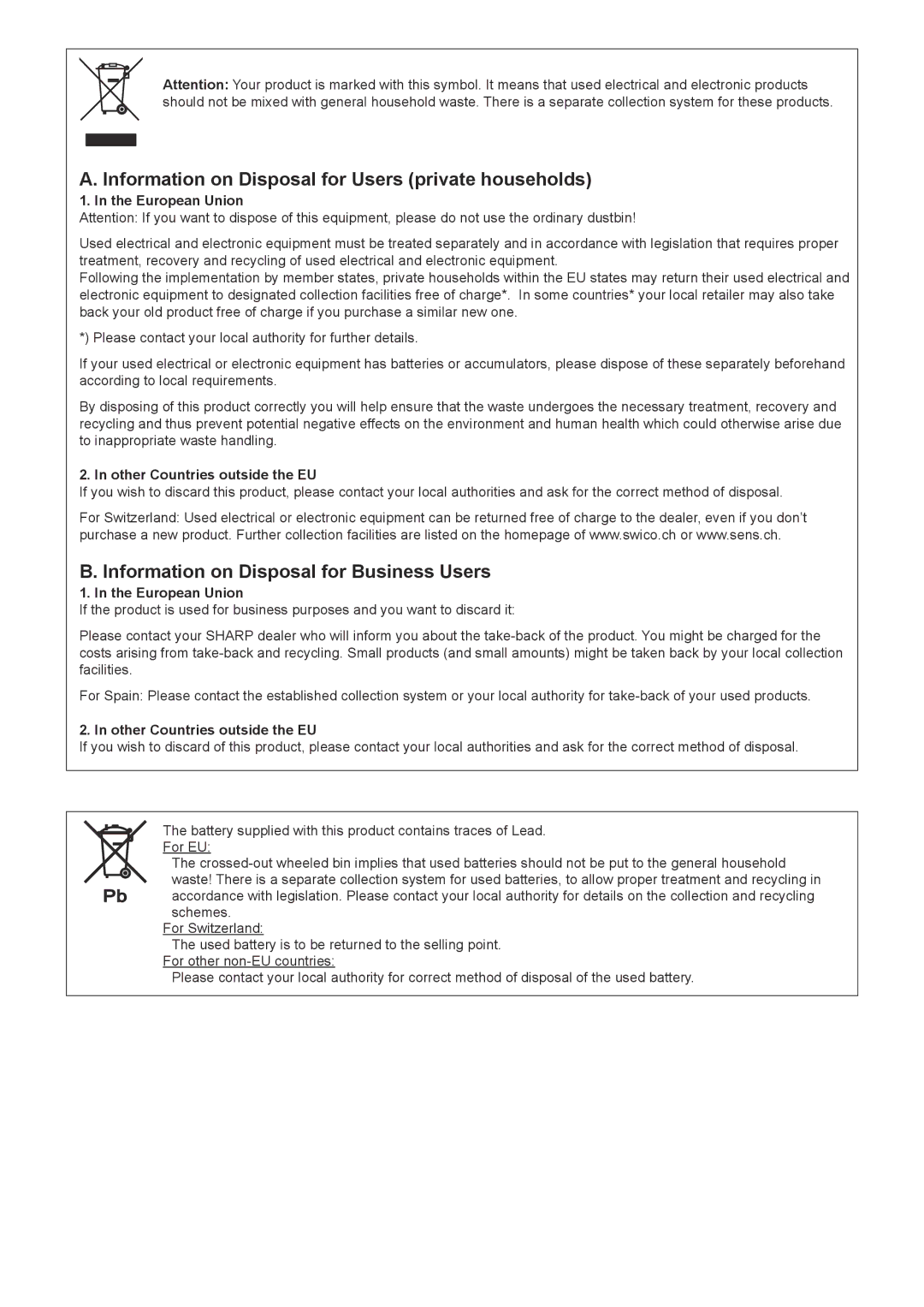 Sharp PN-R603, PN-R703 Information on Disposal for Users private households, Information on Disposal for Business Users 