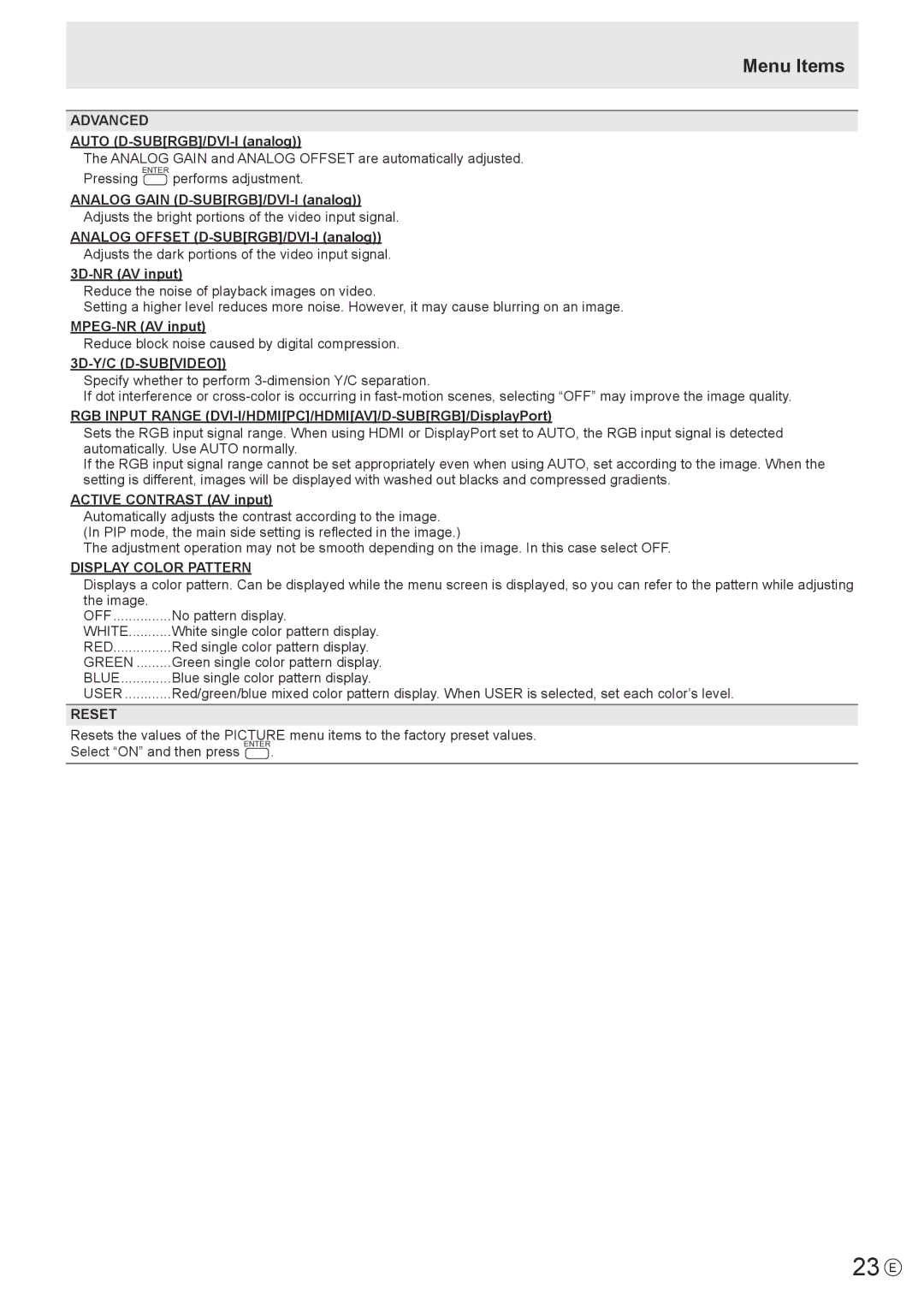 Sharp PN-R703, PN-R603 operation manual 23 E, Advanced, 3D-Y/C D-SUBVIDEO, Display Color Pattern 