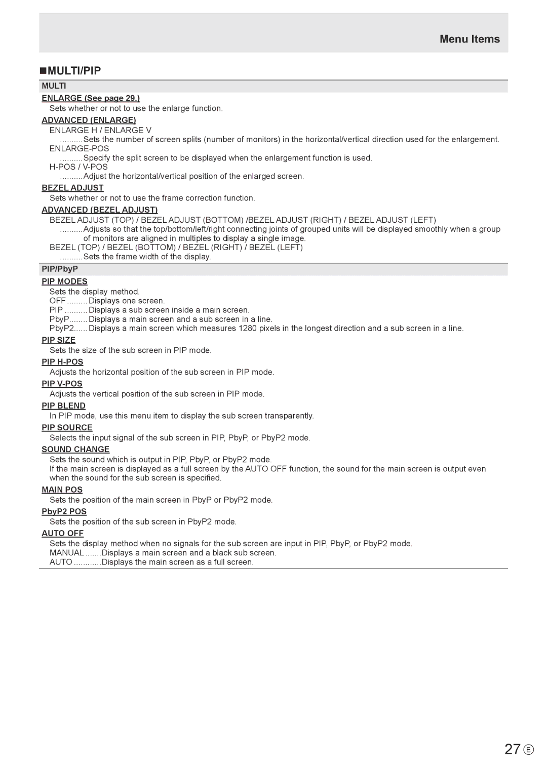 Sharp PN-R703, PN-R603 operation manual 27 E, Menu Items NMULTI/PIP 