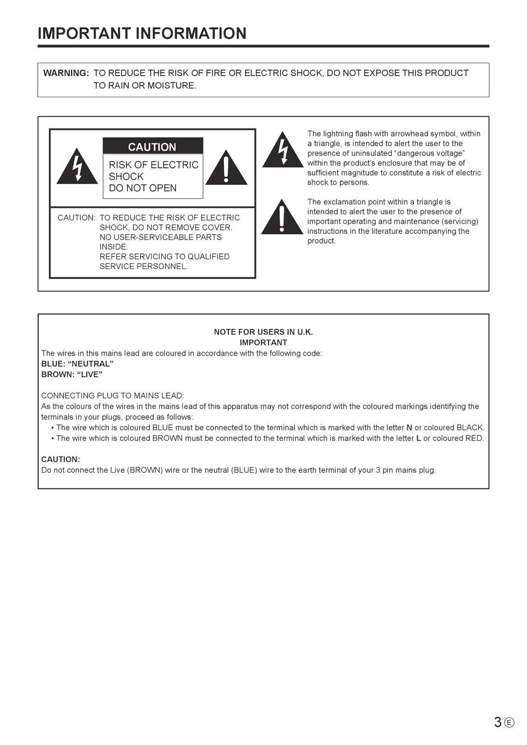 Sharp PN-R703 Refer Servicing to Qualified Service Personnel, Blue Neutral Brown Live, Connecting Plug to Mains Lead 