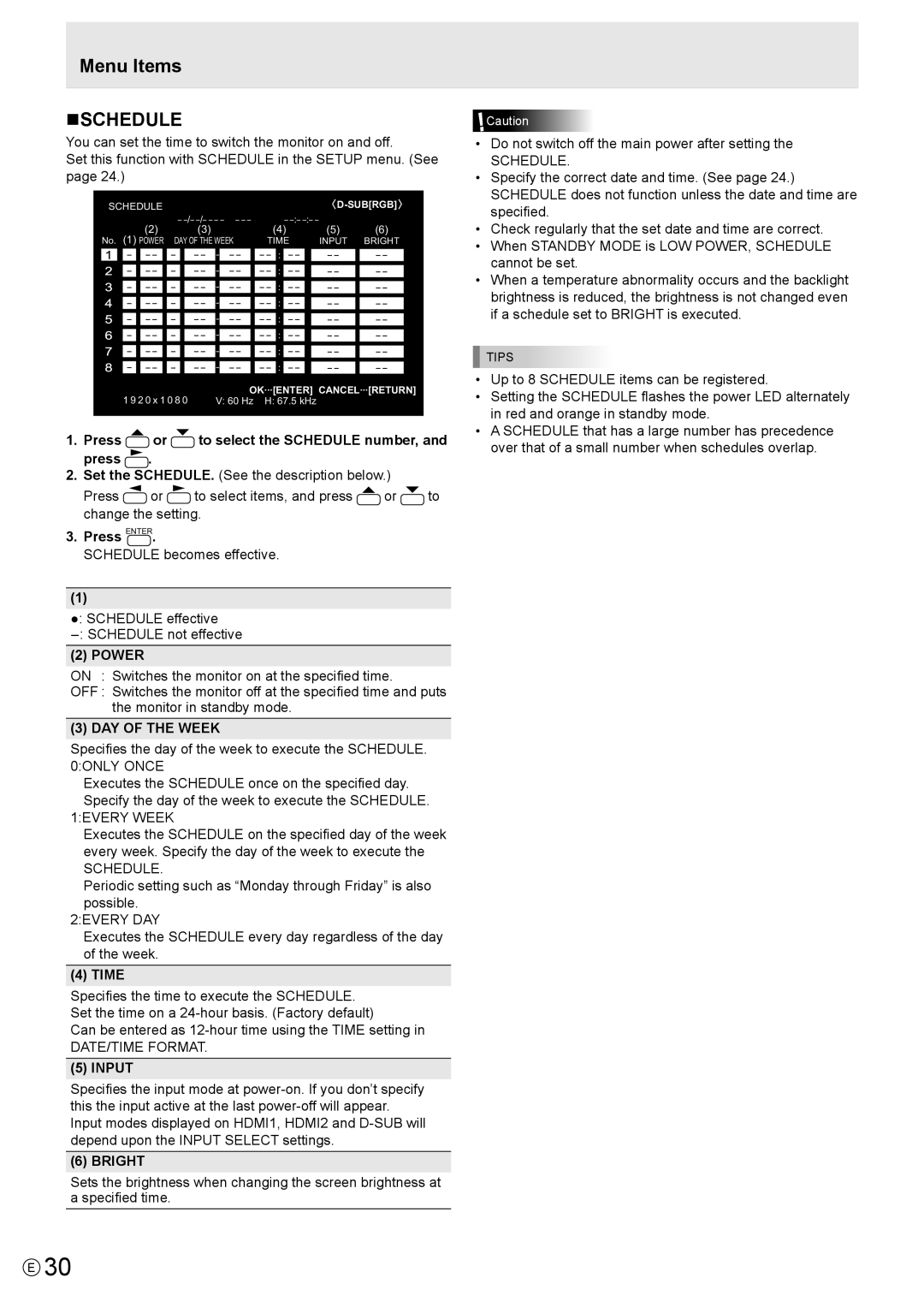 Sharp PN-R603, PN-R703 operation manual Menu Items NSCHEDULE, Power, DAY of the Week, Input 