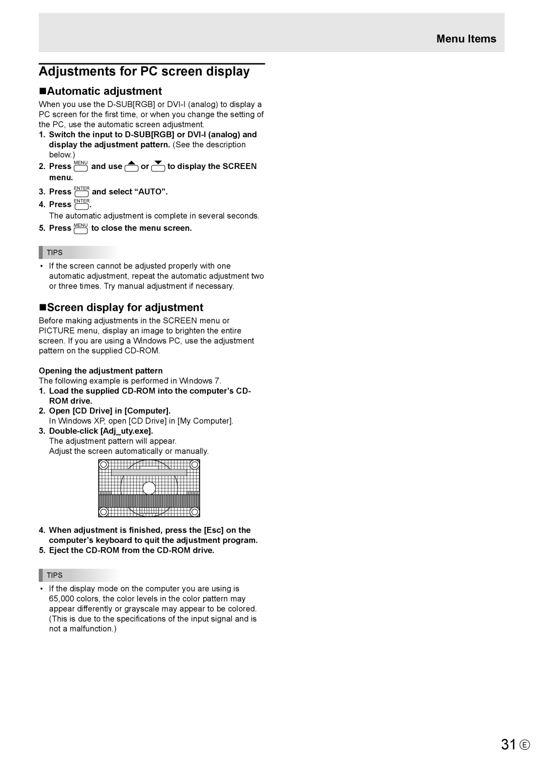 Sharp PN-R703, PN-R603 31 E, Adjustments for PC screen display, NAutomatic adjustment, NScreen display for adjustment 