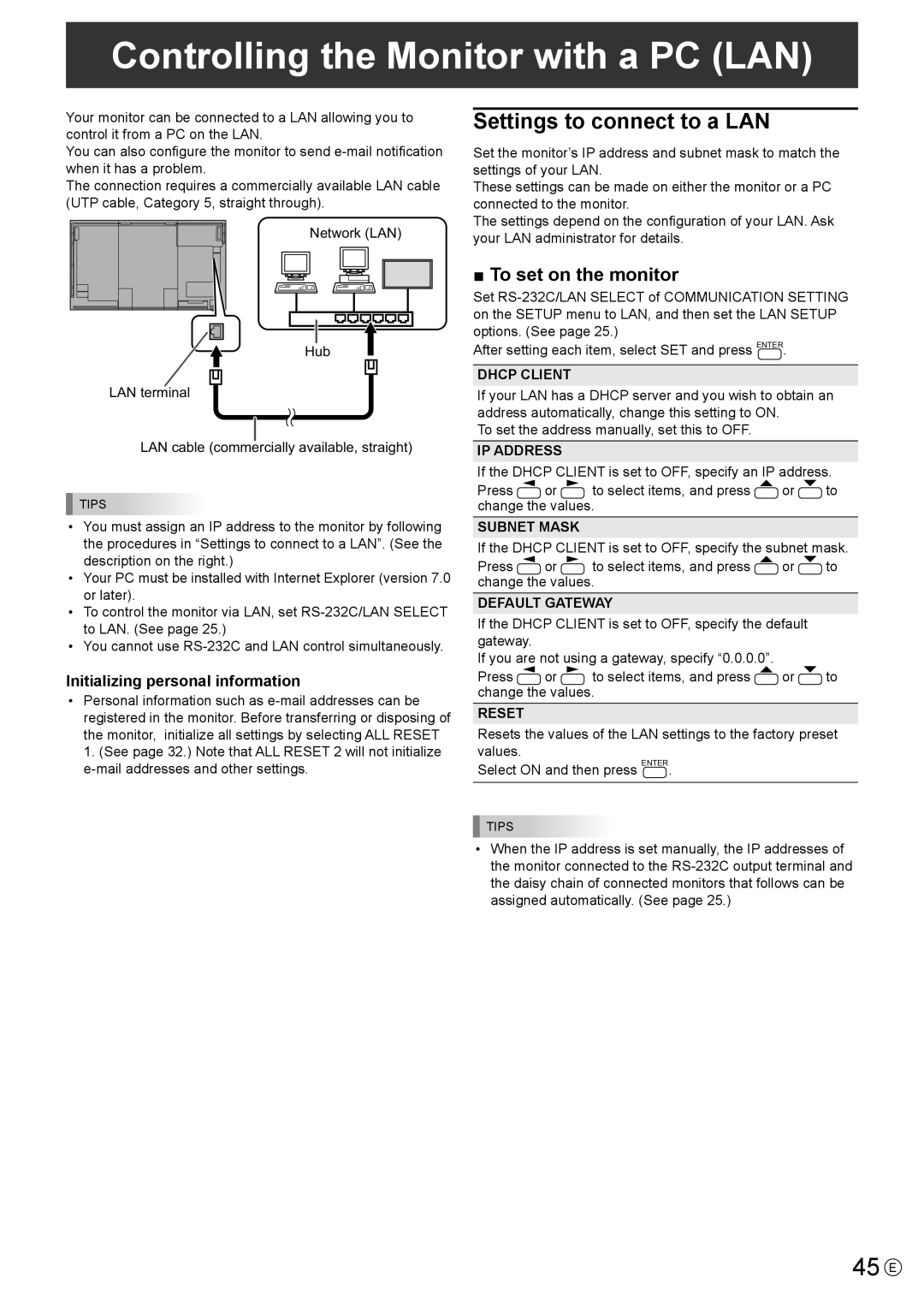 Sharp PN-R703, PN-R603 Controlling the Monitor with a PC LAN, 45 E, Settings to connect to a LAN, To set on the monitor 