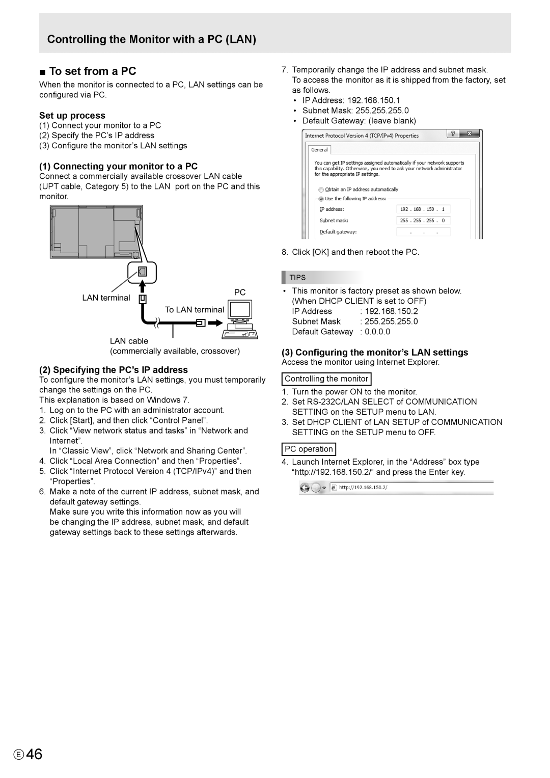 Sharp PN-R603, PN-R703 operation manual Controlling the Monitor with a PC LAN To set from a PC, Set up process 