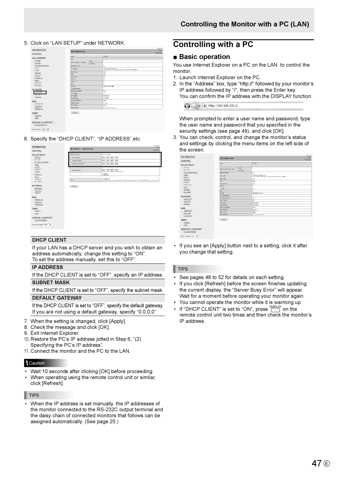 Sharp PN-R703, PN-R603 operation manual 47 E, Controlling with a PC, Controlling the Monitor with a PC LAN, Basic operation 