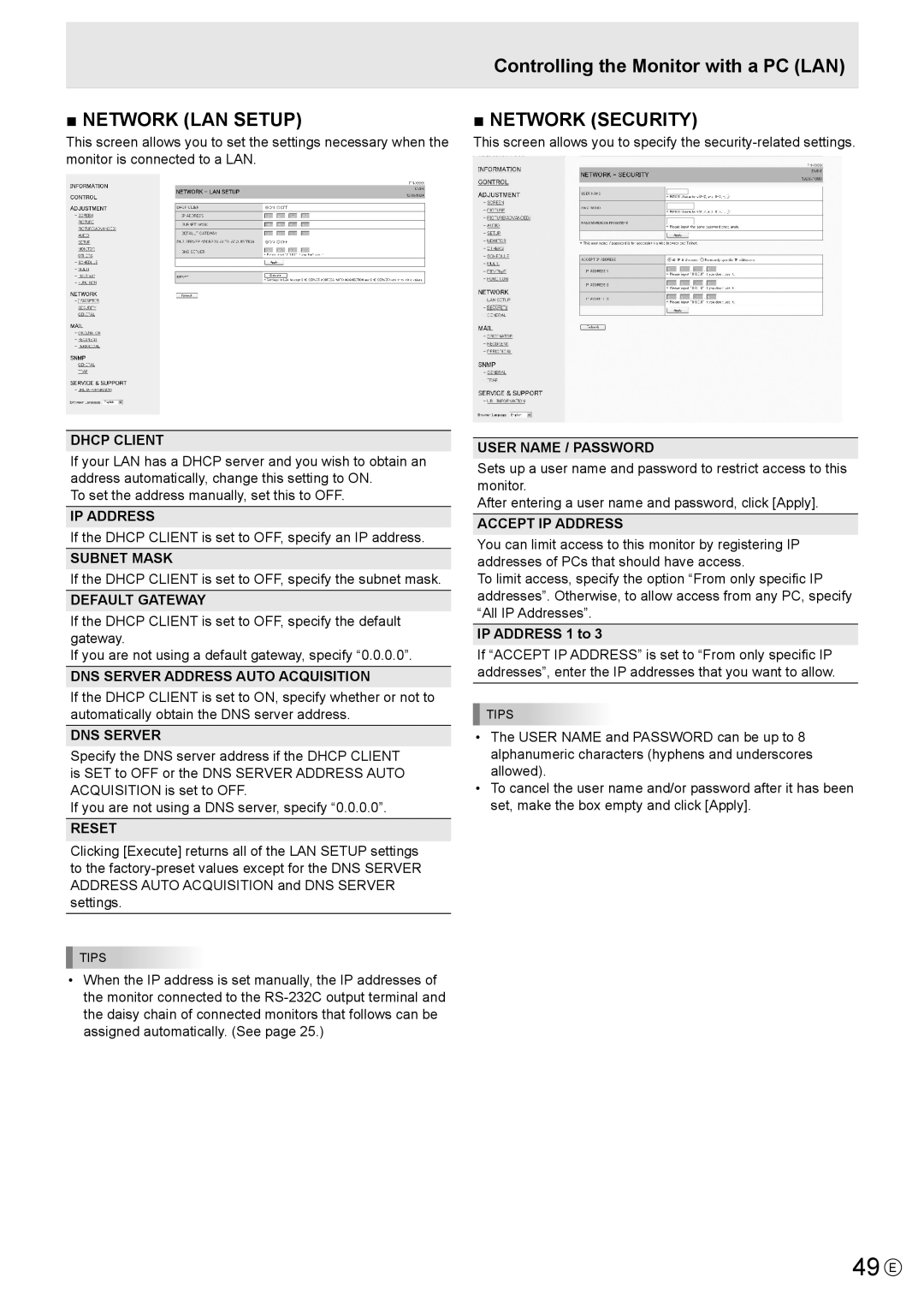 Sharp PN-R703, PN-R603 operation manual 49 E, DNS Server Address Auto Acquisition, User Name / Password, Accept IP Address 