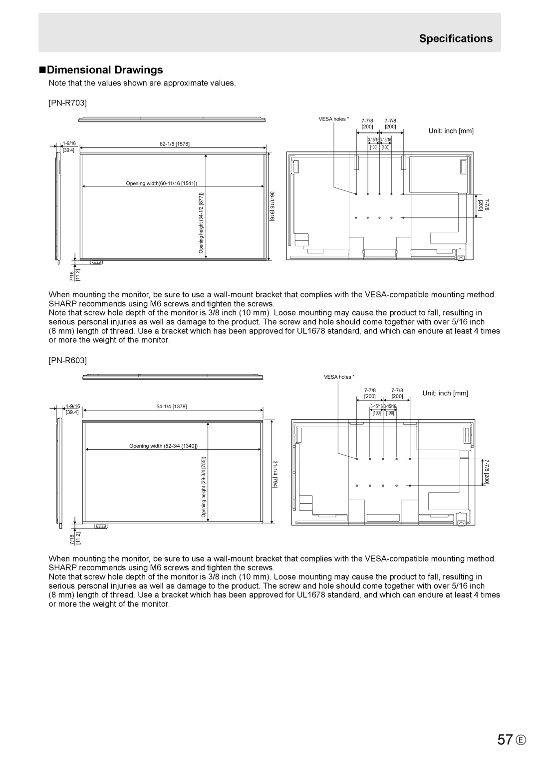 Sharp PN-R703, PN-R603 operation manual 57 E, NDimensional Drawings, Specifications 