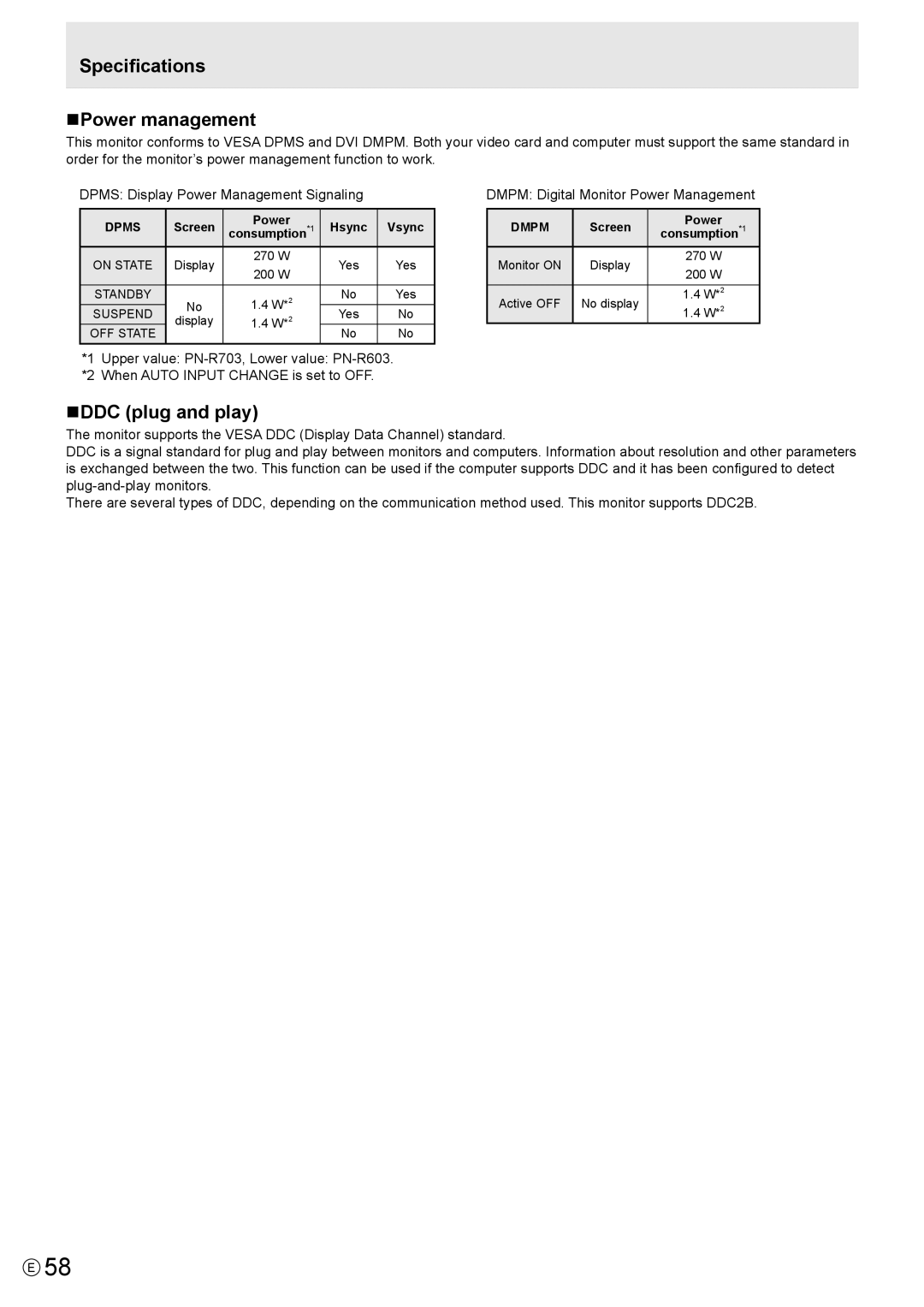 Sharp PN-R603, PN-R703 operation manual Specifications NPower management, NDDC plug and play 