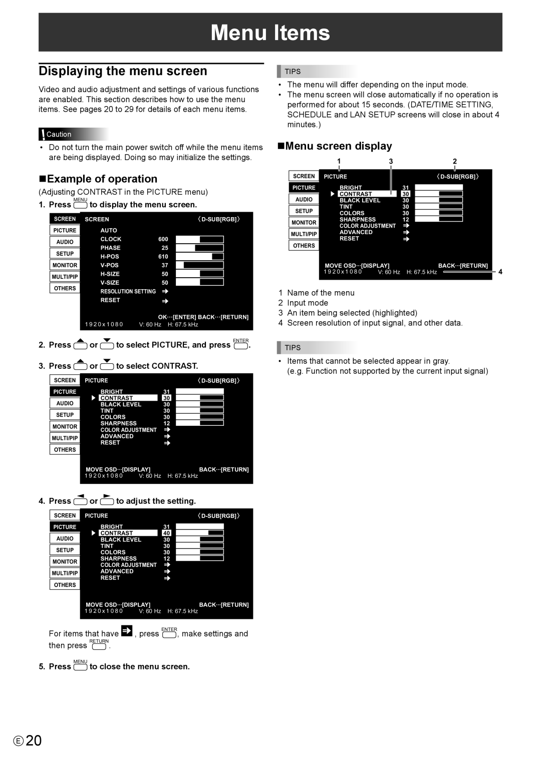 Sharp PN-R603, PN-R703 operation manual Menu Items, Displaying the menu screen, nExample of operation, nMenu screen display 