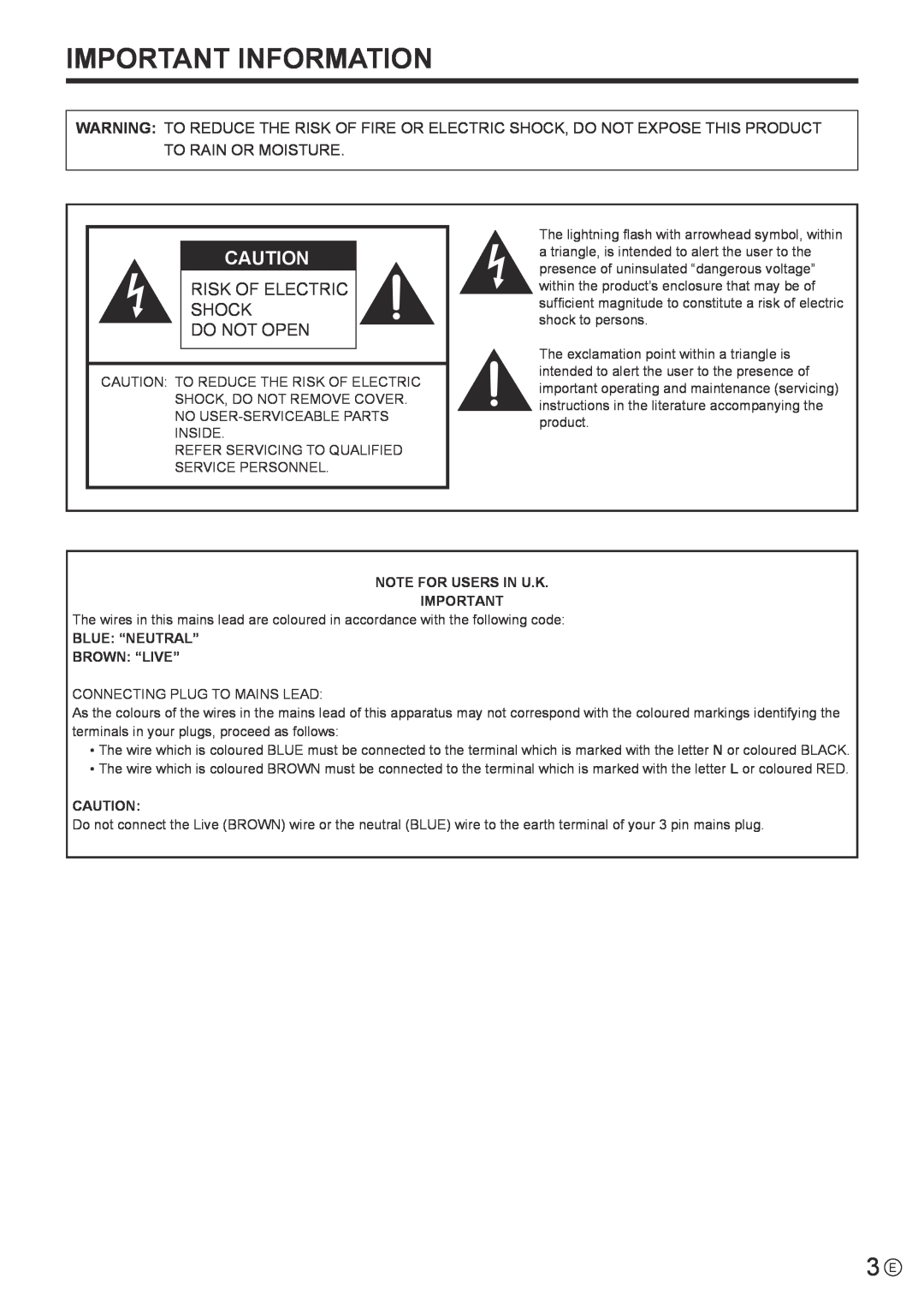 Sharp PN-R703, PN-R603 operation manual Important Information, Risk Of Electric Shock Do Not Open 