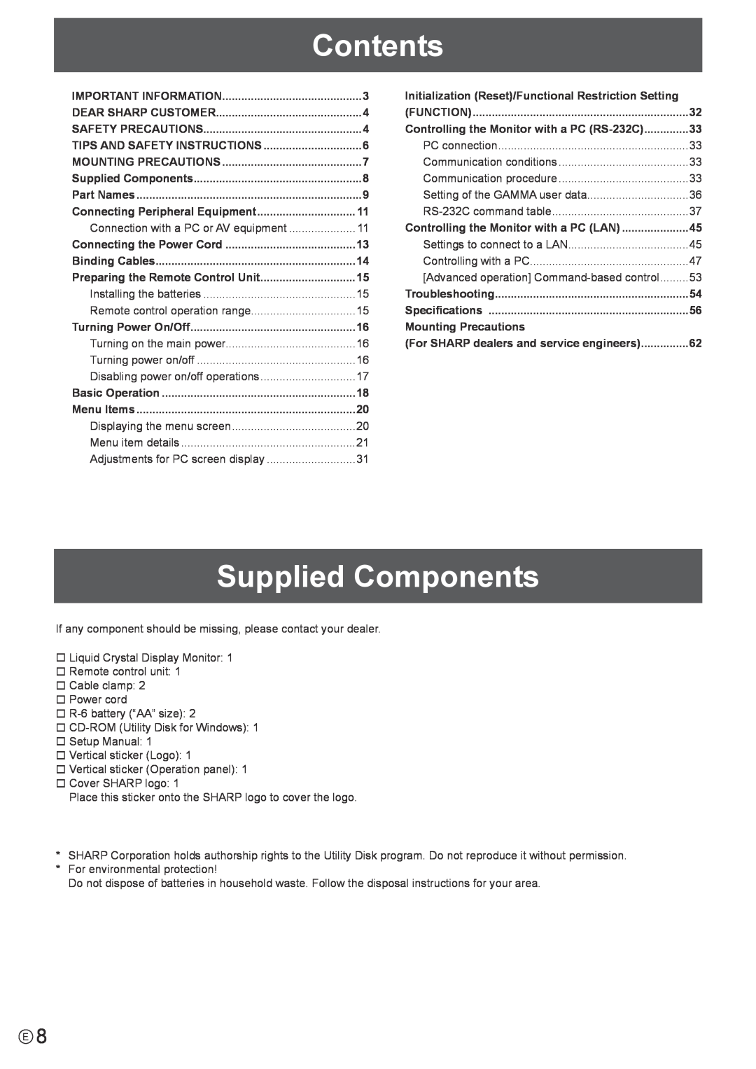 Sharp PN-R603, PN-R703 operation manual Contents, Supplied Components 