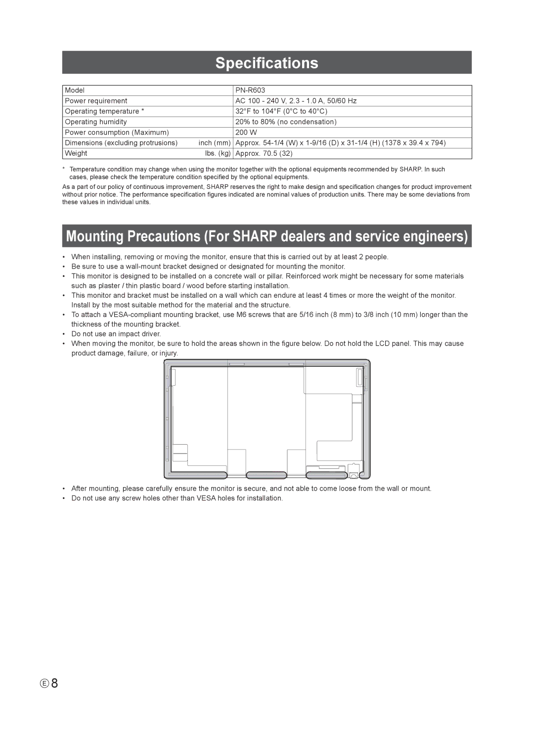 Sharp PN-R603 installation manual Specifications 