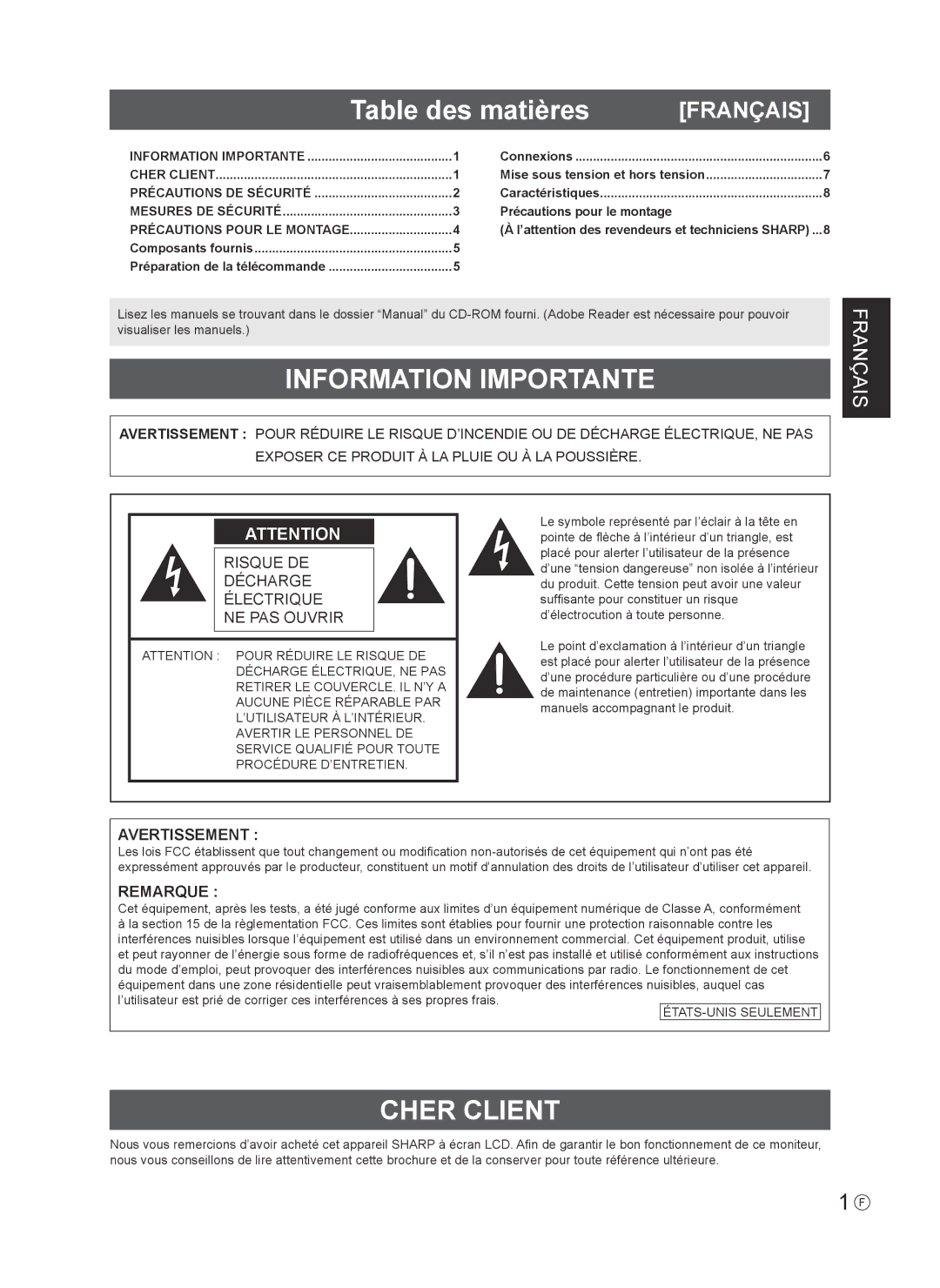 Sharp PN-R603 installation manual Table des matières, Information Importante, Cher Client 