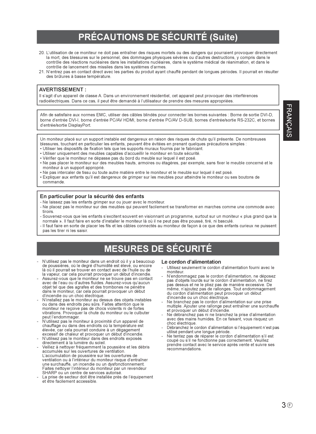 Sharp PN-R603 installation manual Précautions DE Sécurité Suite, Mesures DE Sécurité 