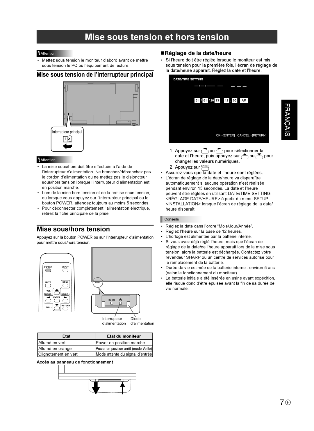 Sharp PN-R603 Mise sous tension et hors tension, État État du moniteur, Accès au panneau de fonctionnement 