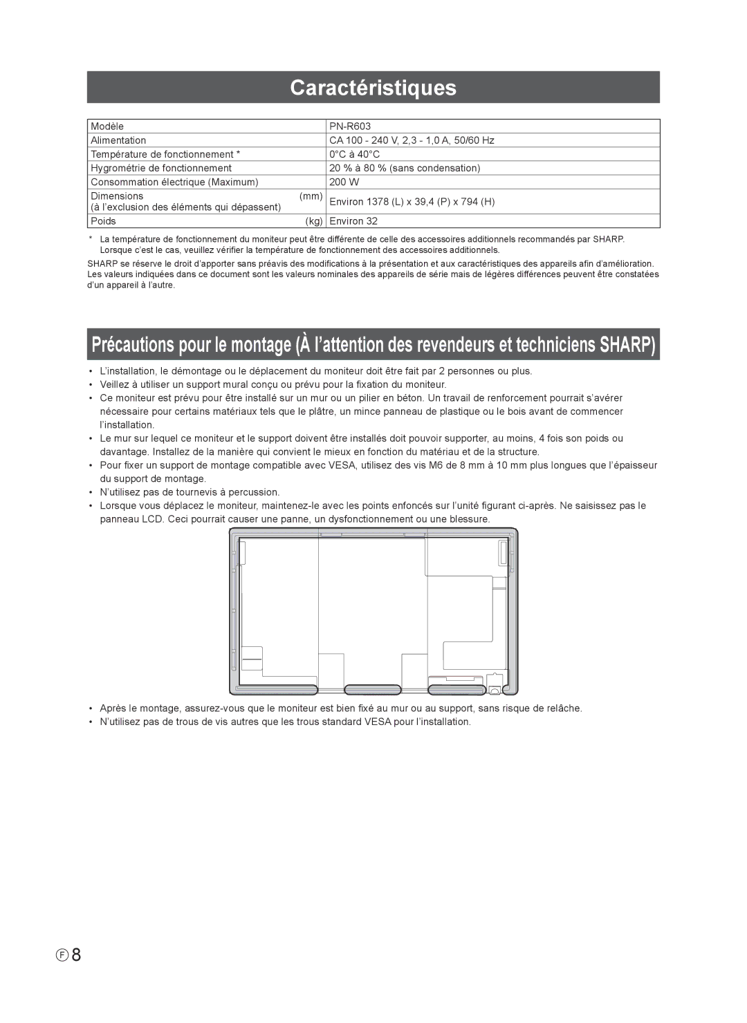 Sharp PN-R603 installation manual Caractéristiques, Poids Environ 