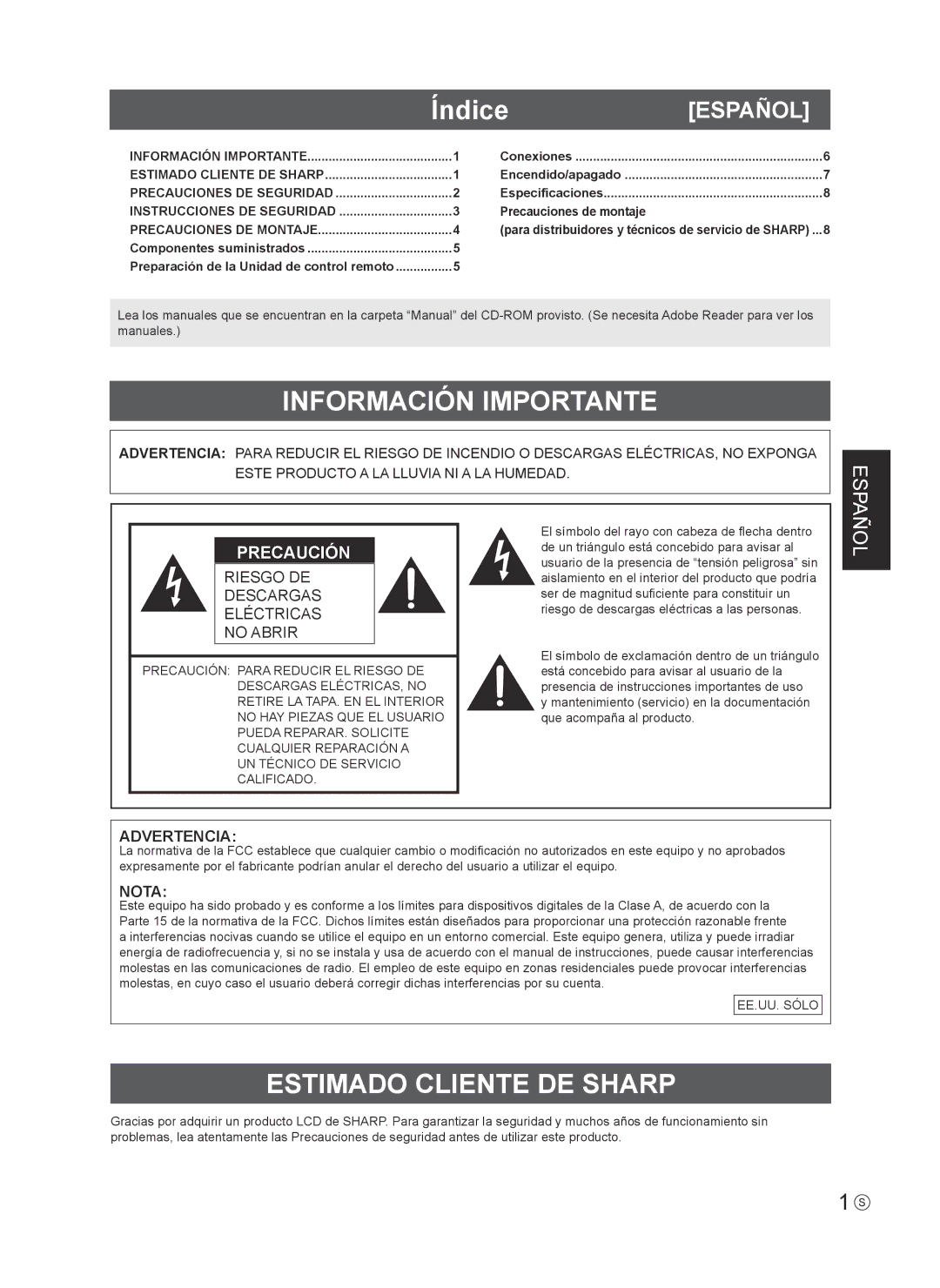 Sharp PN-R603 installation manual Información Importante, Estimado Cliente DE Sharp 