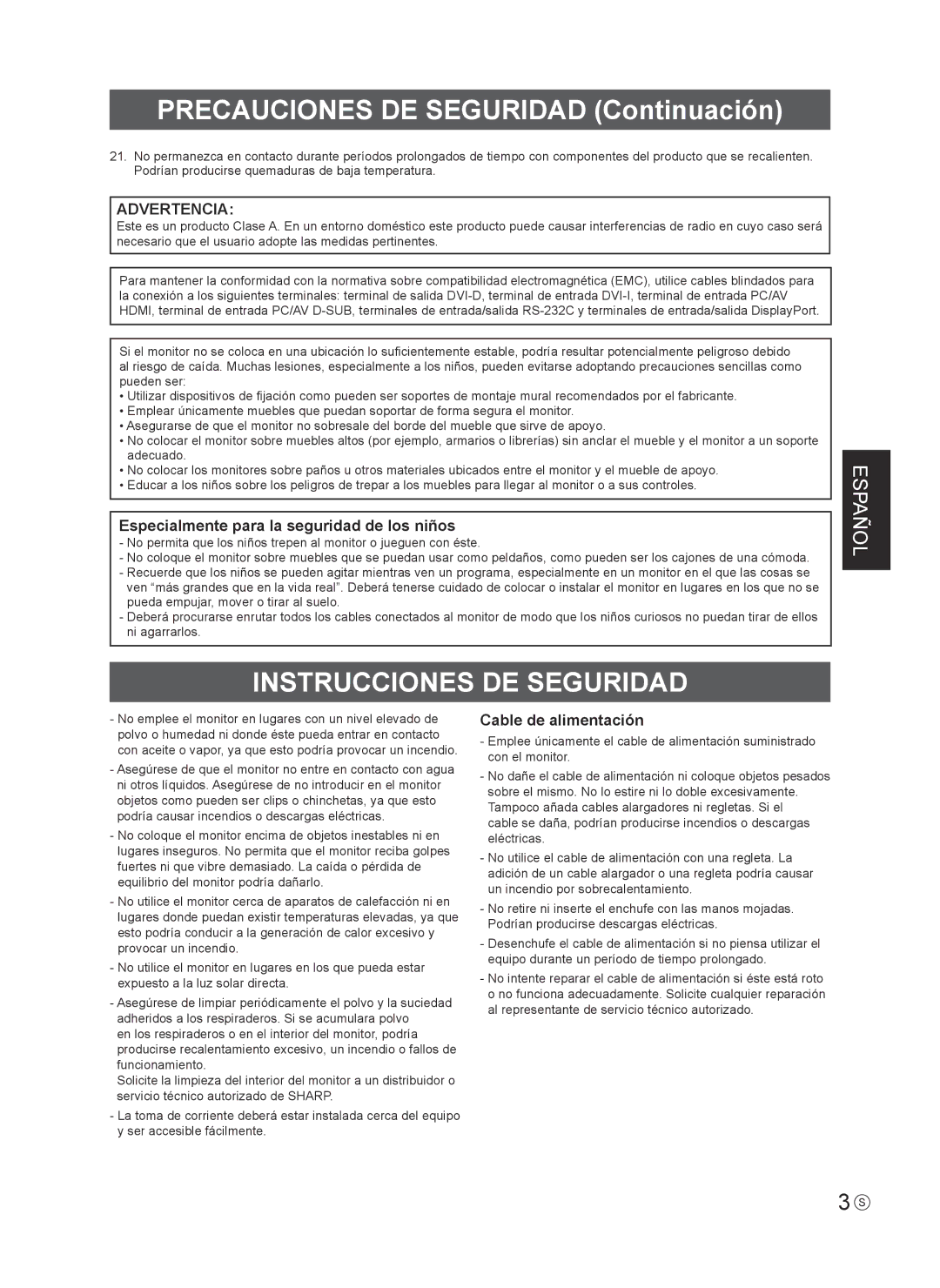 Sharp PN-R603 installation manual Precauciones DE Seguridad Continuación, Instrucciones DE Seguridad 