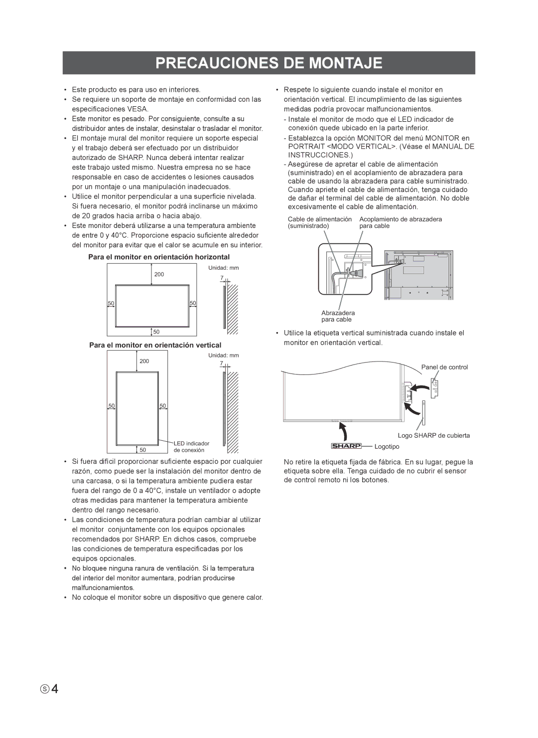 Sharp PN-R603 Precauciones DE Montaje, Para el monitor en orientación horizontal, Para el monitor en orientación vertical 