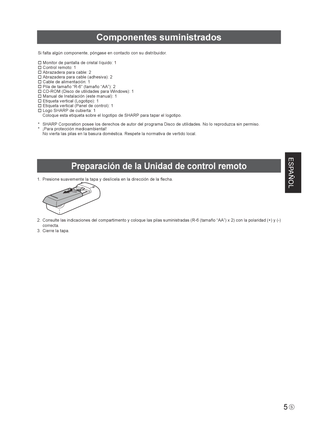 Sharp PN-R603 installation manual Componentes suministrados, Preparación de la Unidad de control remoto 