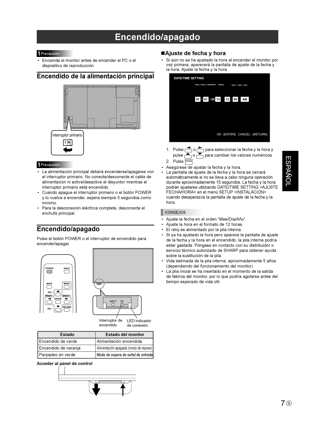 Sharp PN-R603 installation manual Encendido/apagado, Estado Estado del monitor, Acceder al panel de control 