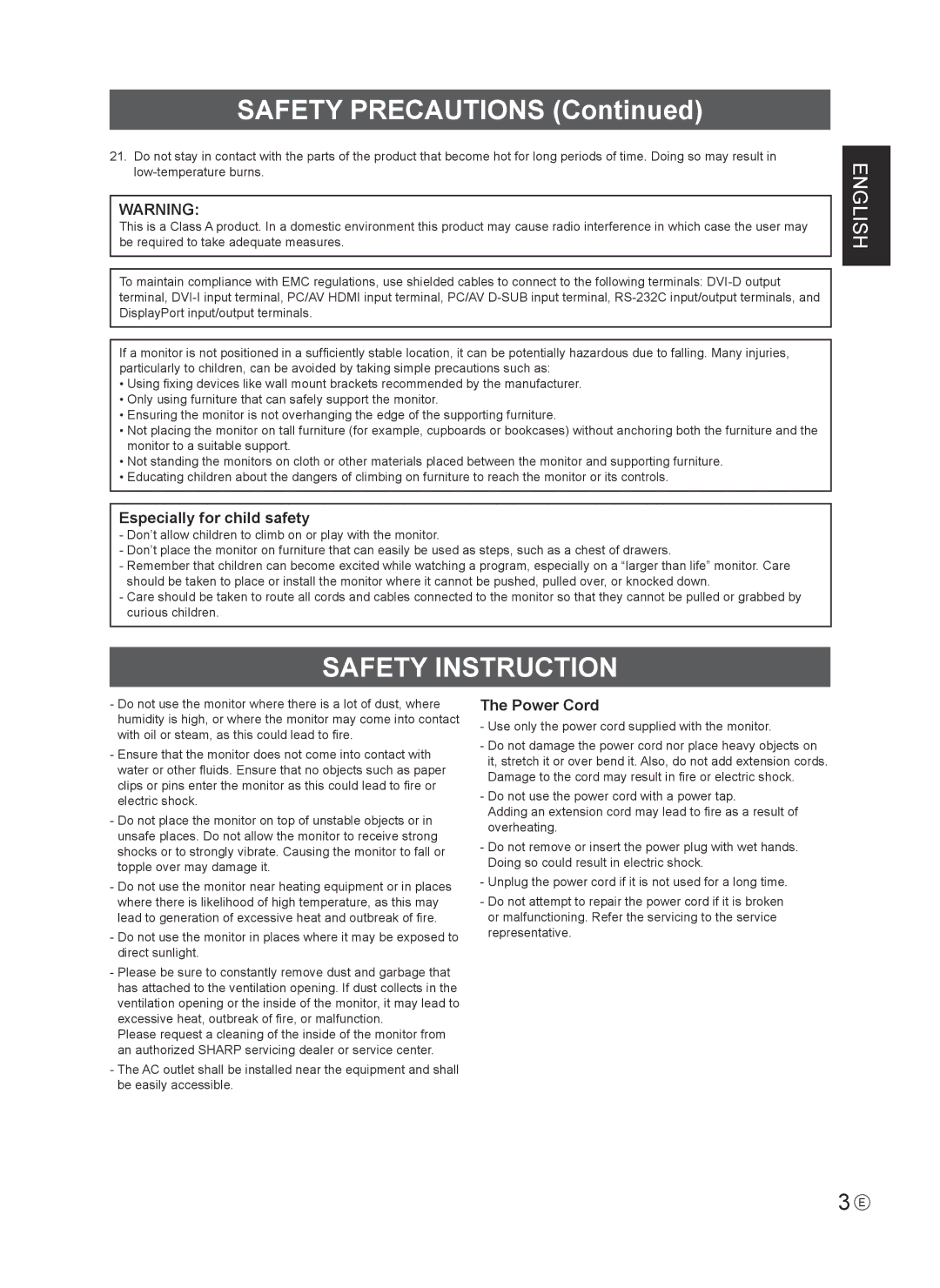 Sharp PN-R603 installation manual Safety Precautions, Safety Instruction 