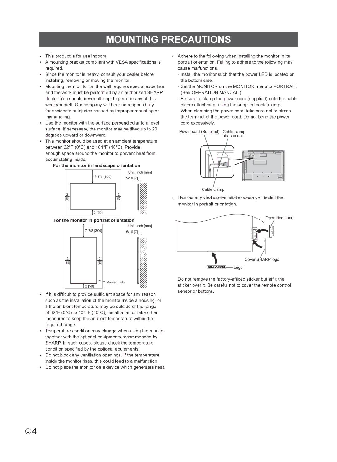 Sharp PN-R603 Mounting Precautions, For the monitor in landscape orientation, For the monitor in portrait orientation 