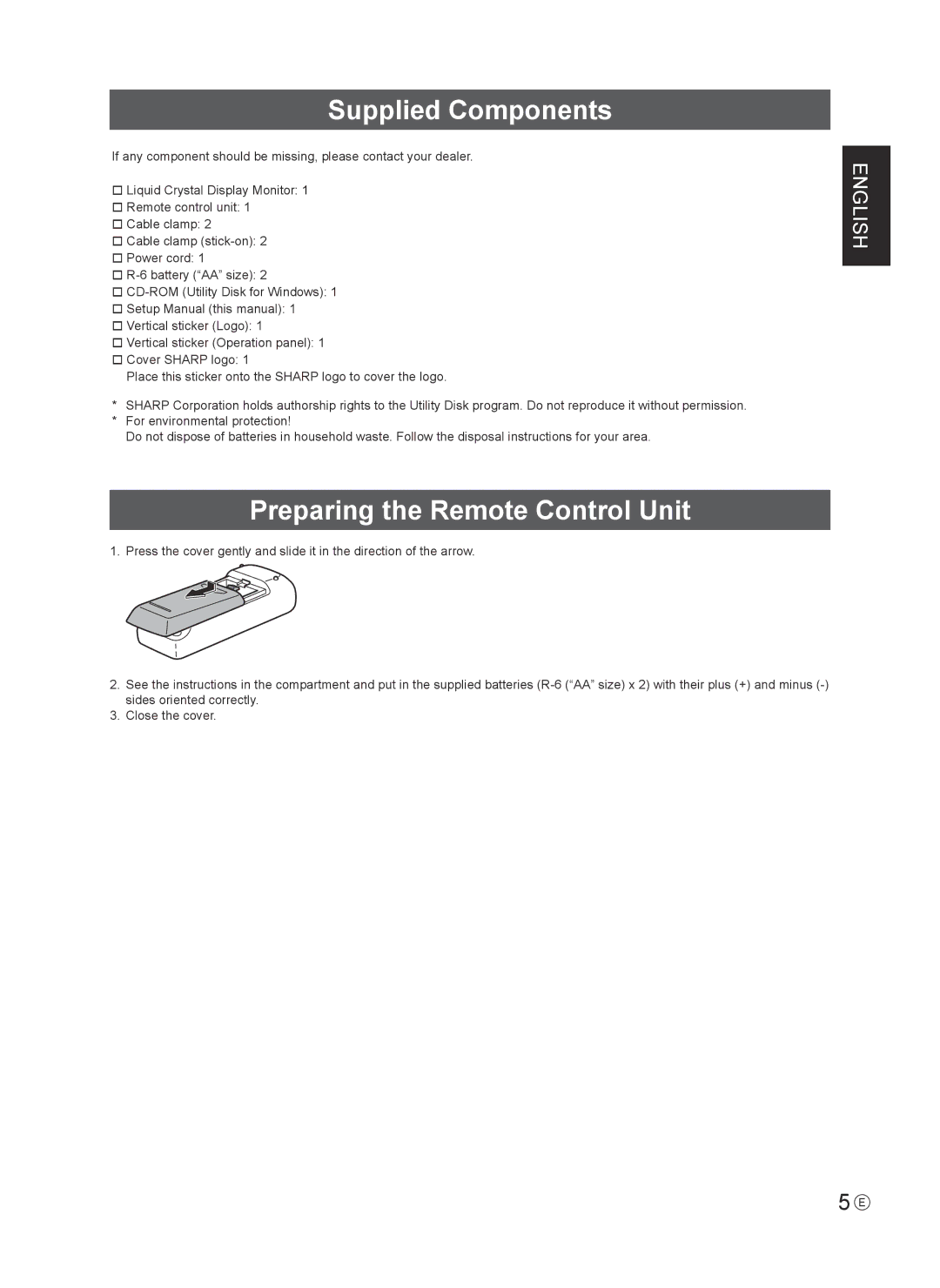 Sharp PN-R603 installation manual Supplied Components, Preparing the Remote Control Unit 