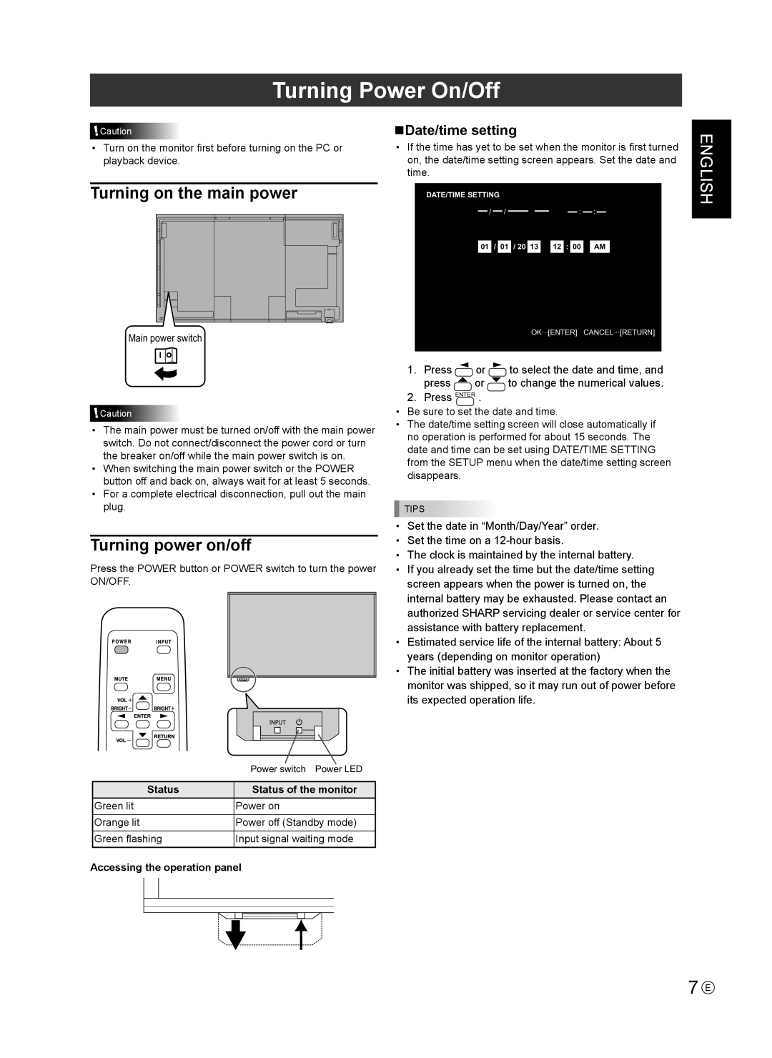 Sharp PN-R603 installation manual Turning Power On/Off, Status Status of the monitor, Accessing the operation panel 