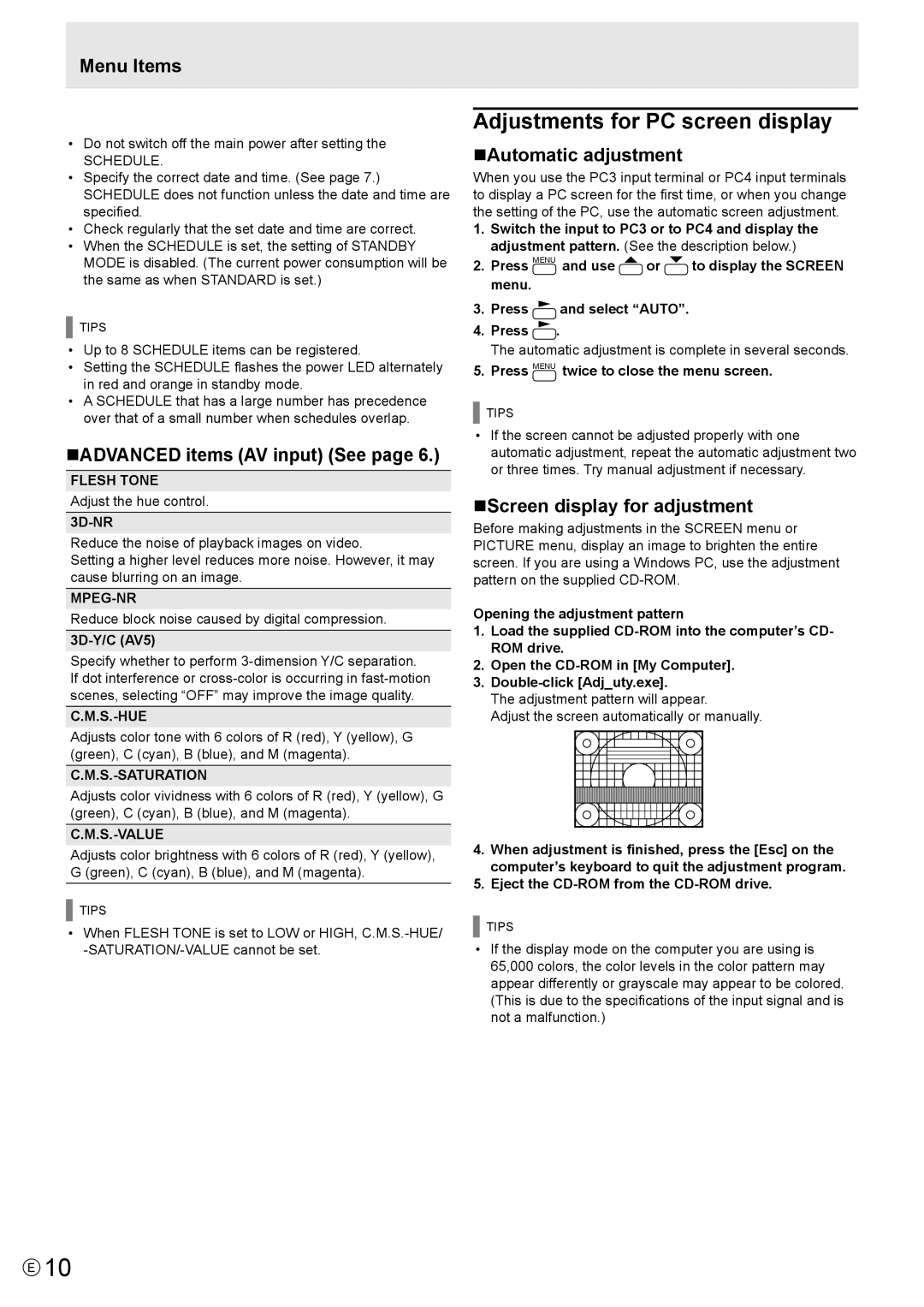 Sharp PN-S655 manual Adjustments for PC screen display, NADVANCED items AV input See, NAutomatic adjustment 