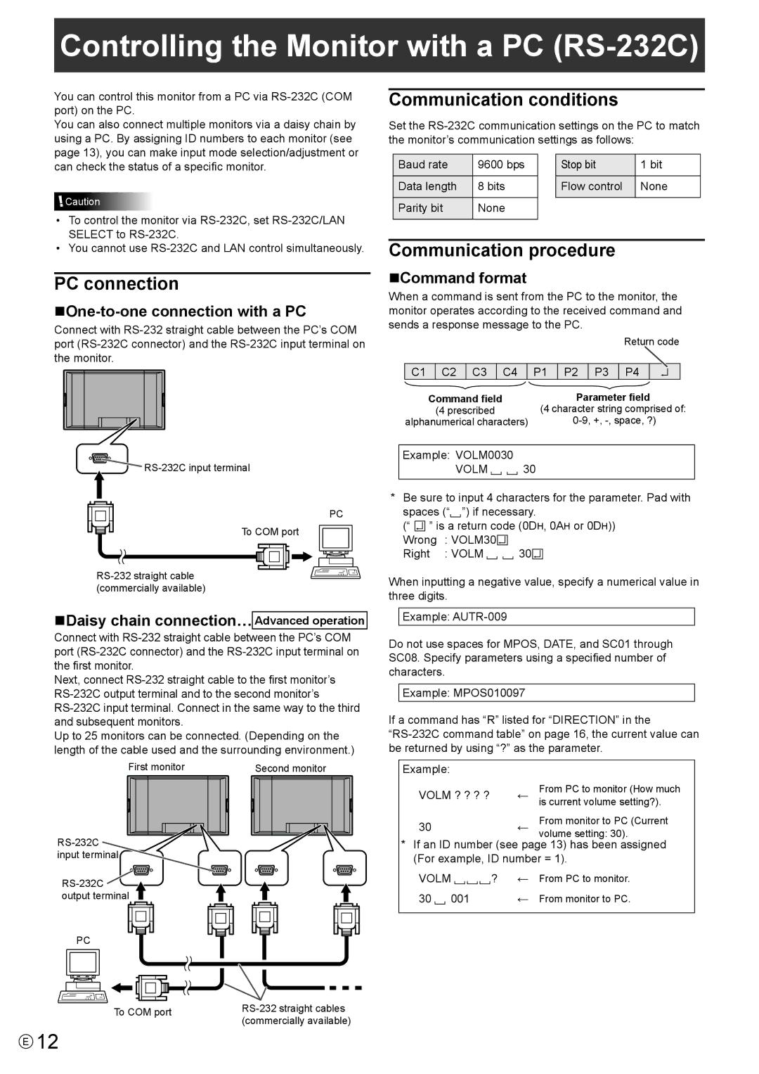 Sharp PN-S655 Controlling the Monitor with a PC RS-232C, PC connection, Communication conditions, Communication procedure 