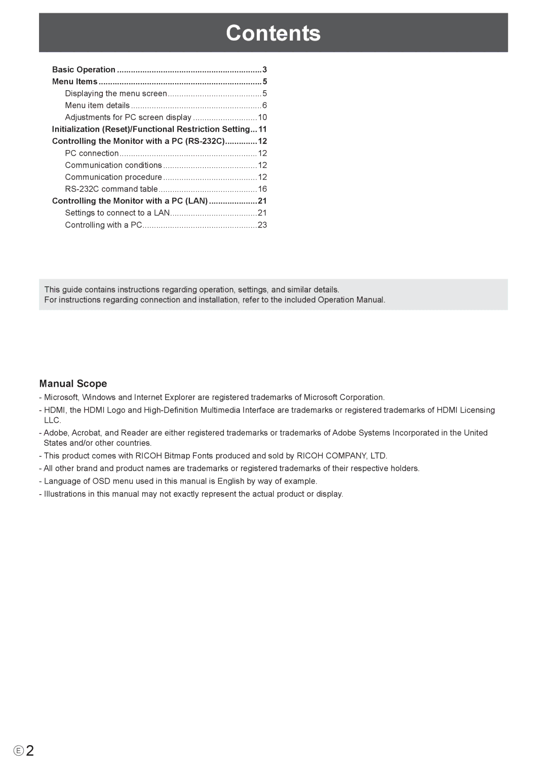 Sharp PN-S655 manual Contents 