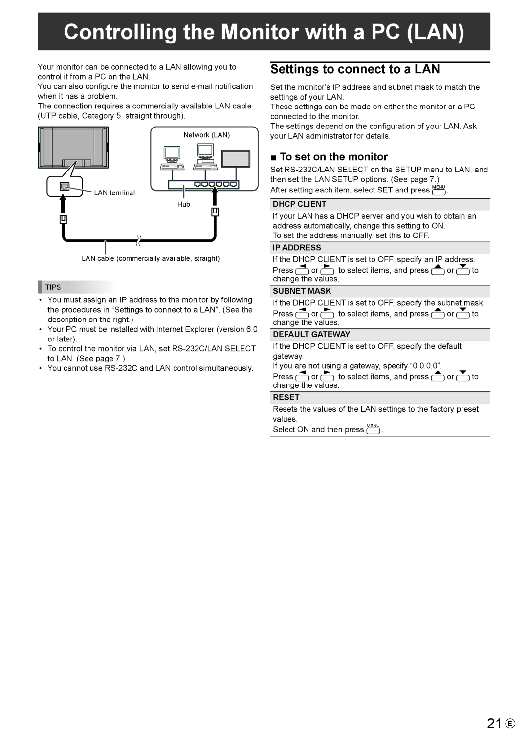 Sharp PN-S655 manual Controlling the Monitor with a PC LAN, 21 E, Settings to connect to a LAN, To set on the monitor 