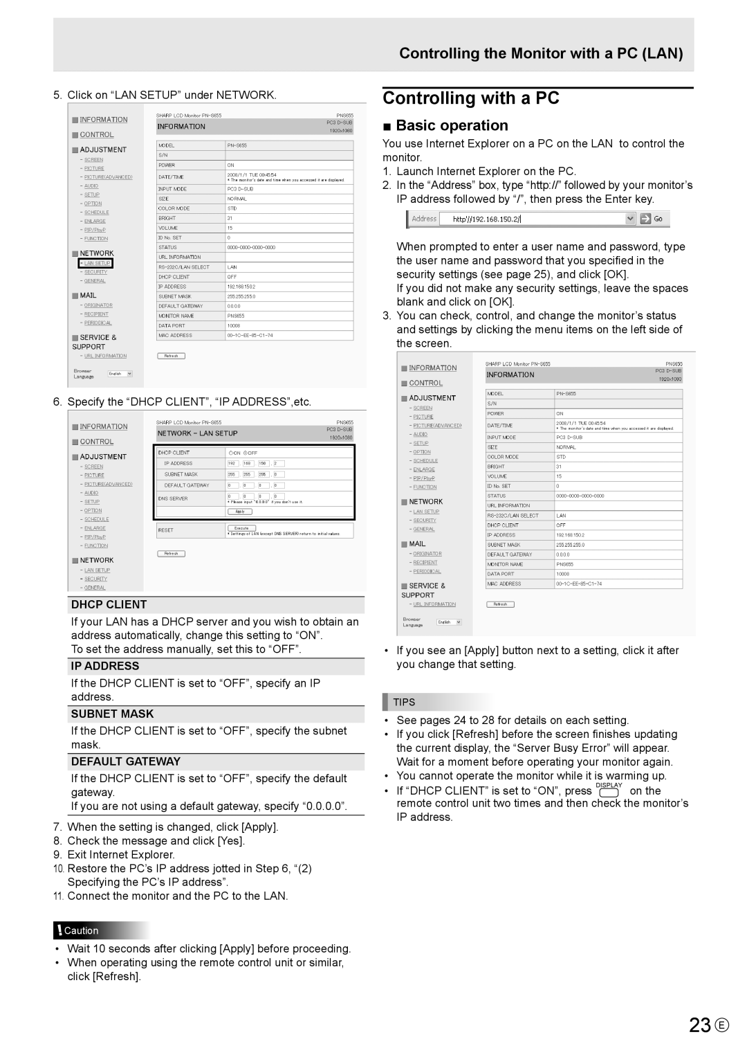 Sharp PN-S655 manual 23 E, Controlling with a PC, Controlling the Monitor with a PC LAN, Basic operation 