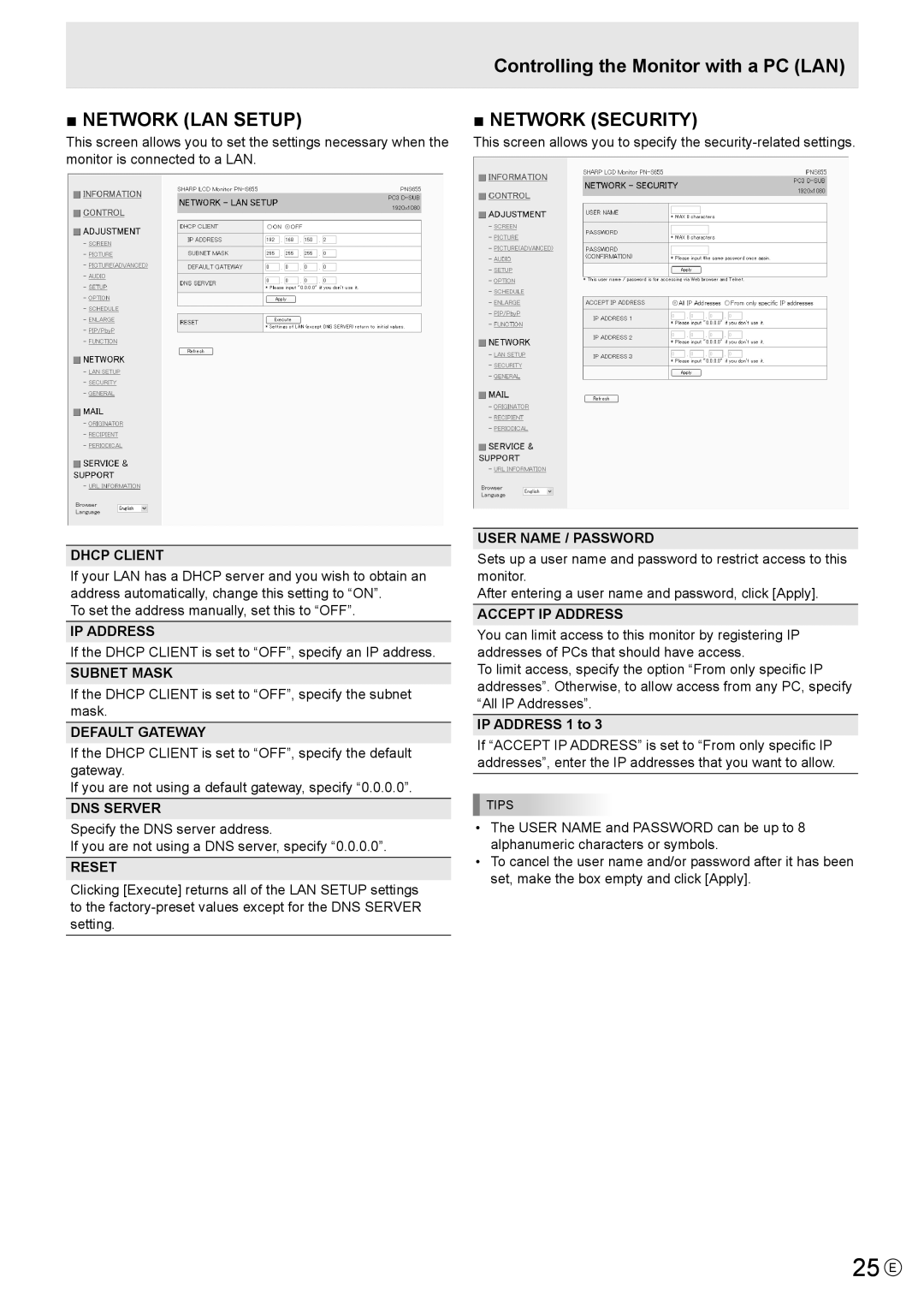 Sharp PN-S655 manual 25 E, Network LAN Setup, Network Security 