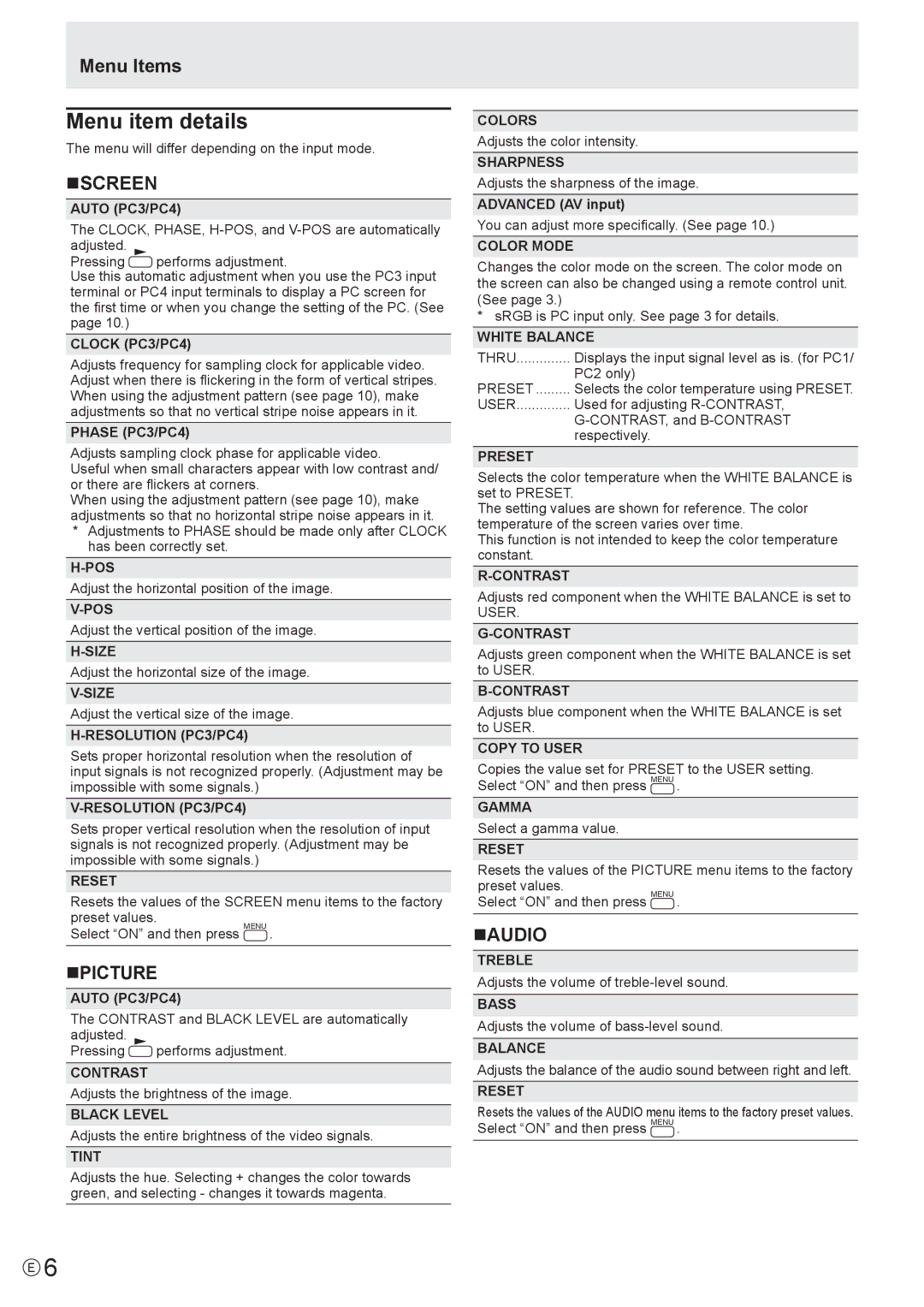 Sharp PN-S655 manual Menu item details, Menu Items, Nscreen, Npicture, Naudio 