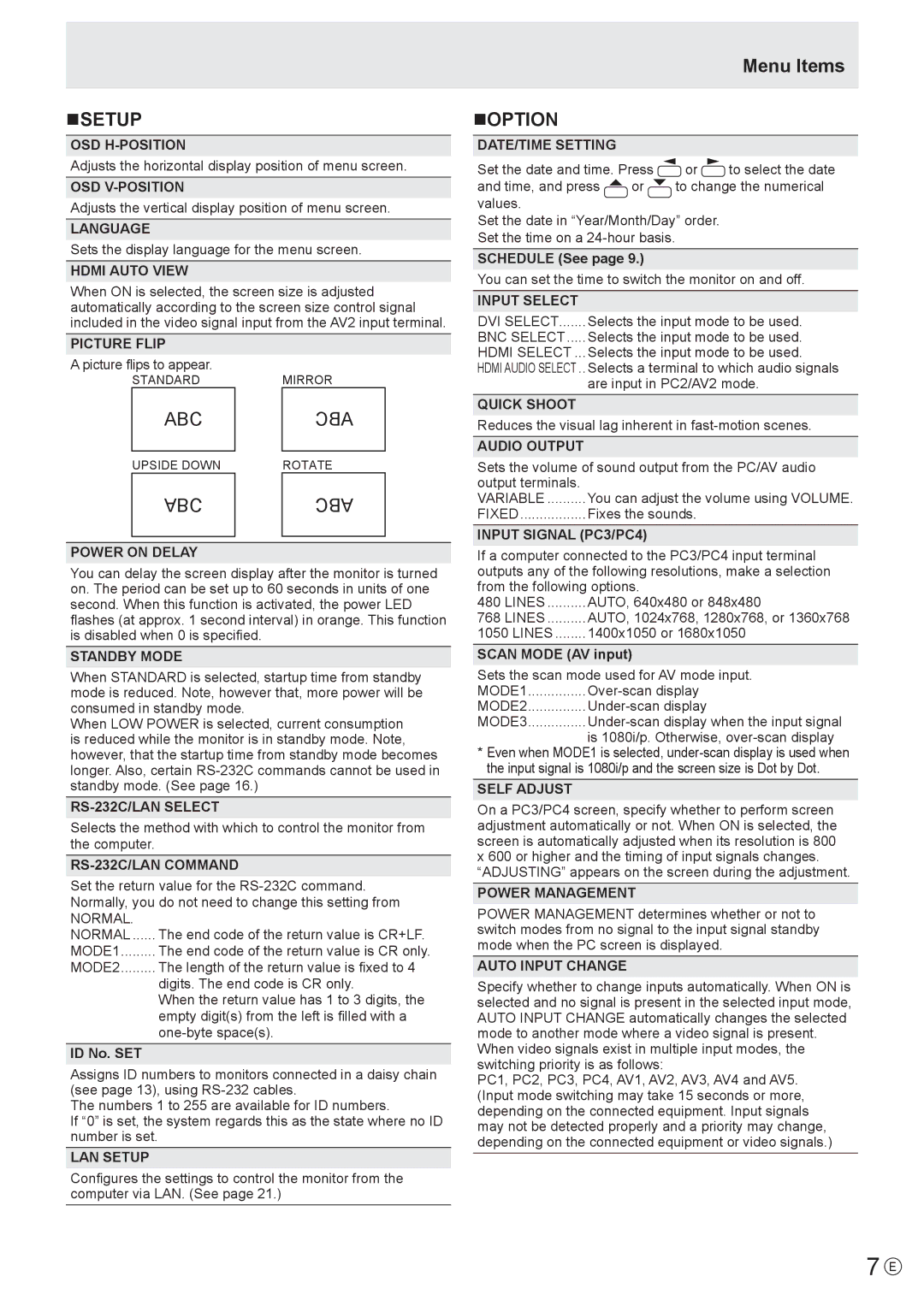 Sharp PN-S655 manual Nsetup, Menu Items NOPTION 