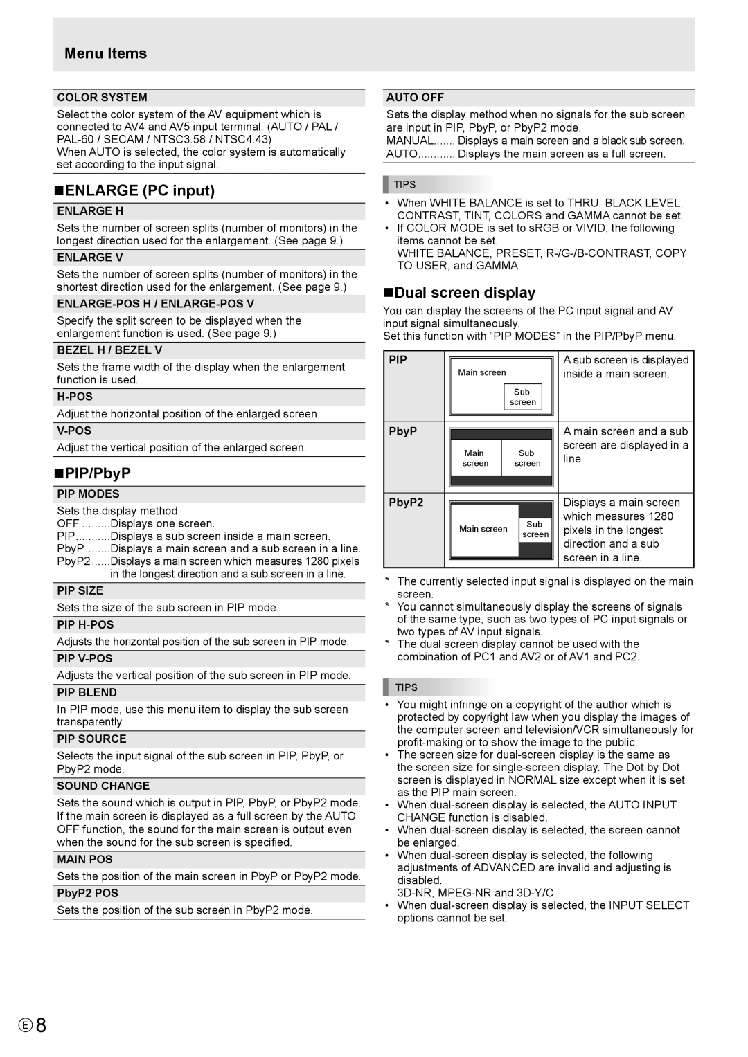 Sharp PN-S655 manual NENLARGE PC input, NPIP/PbyP, NDual screen display 