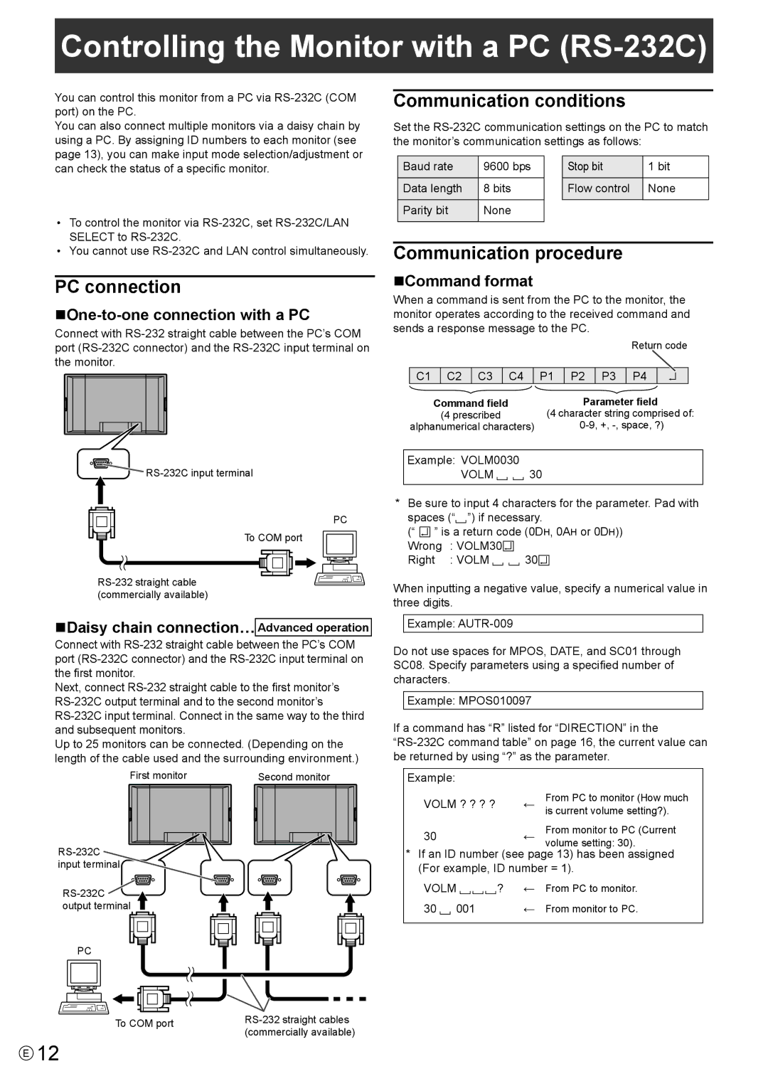 Sharp PN-S655 Controlling the Monitor with a PC RS-232C, PC connection, Communication conditions, Communication procedure 