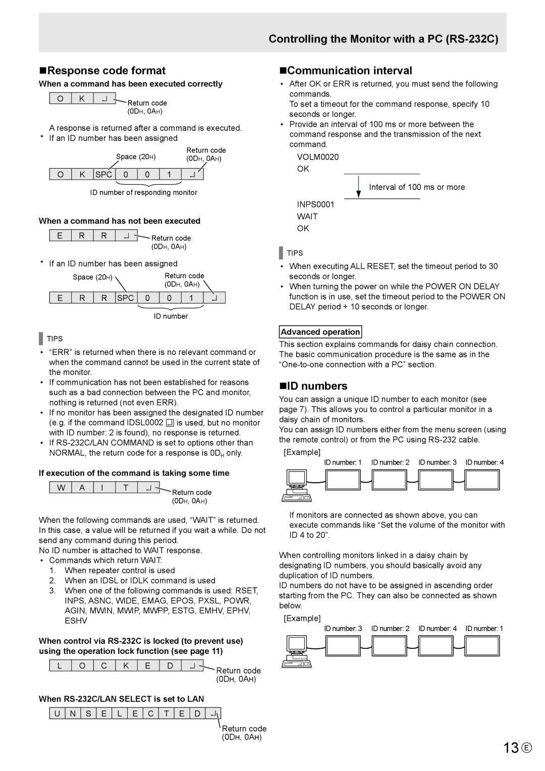 Sharp PN-S655 manual 13 E, NResponse code format, NID numbers 