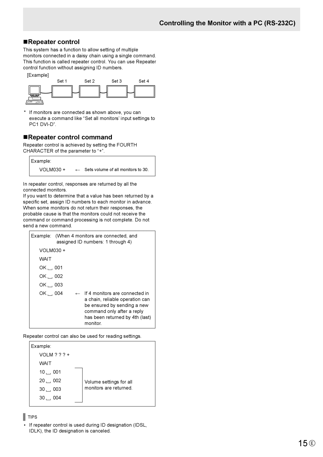 Sharp PN-S655 manual 15 E, Controlling the Monitor with a PC RS-232C NRepeater control, NRepeater control command 