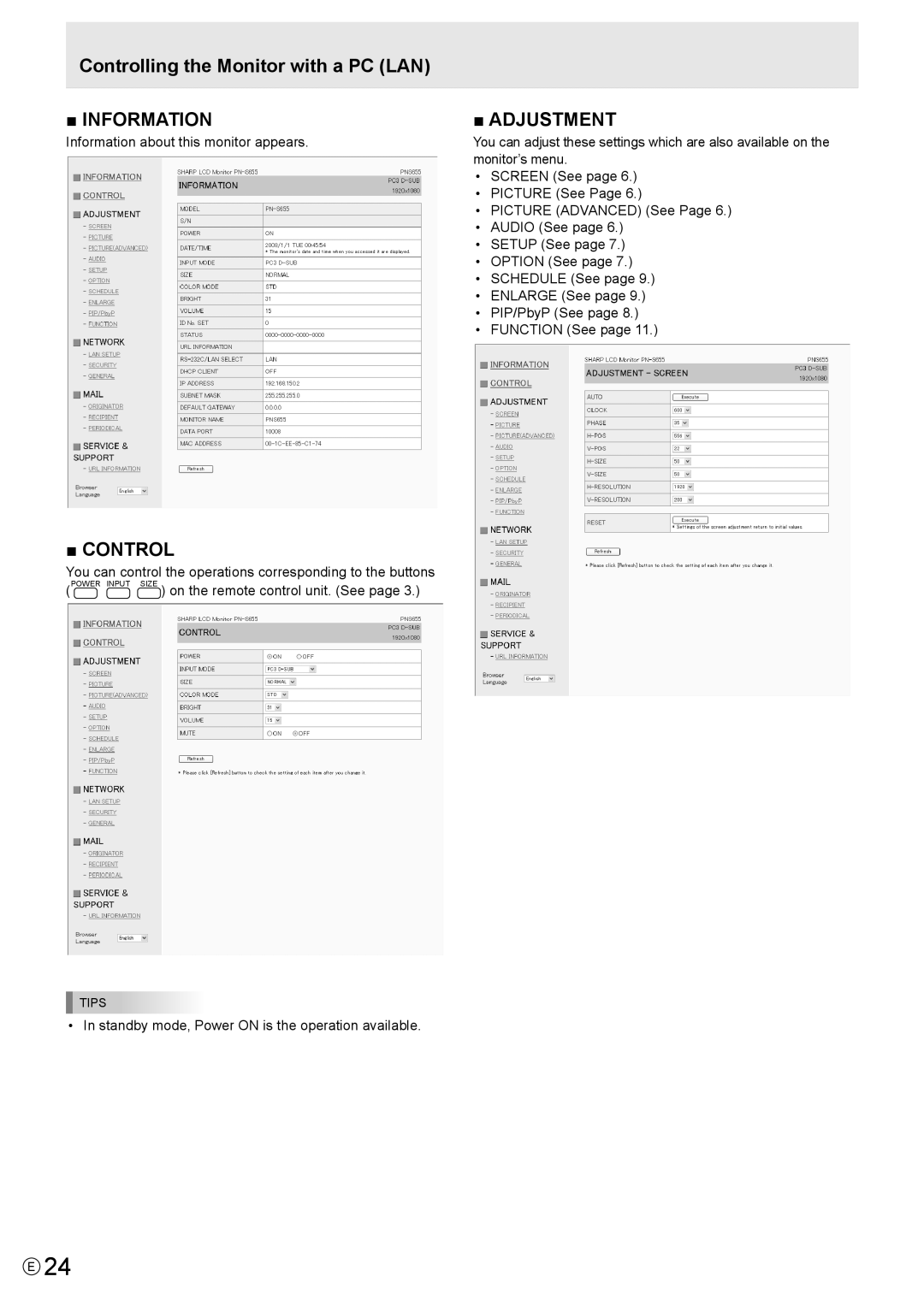 Sharp PN-S655 manual Information Adjustment, Control 