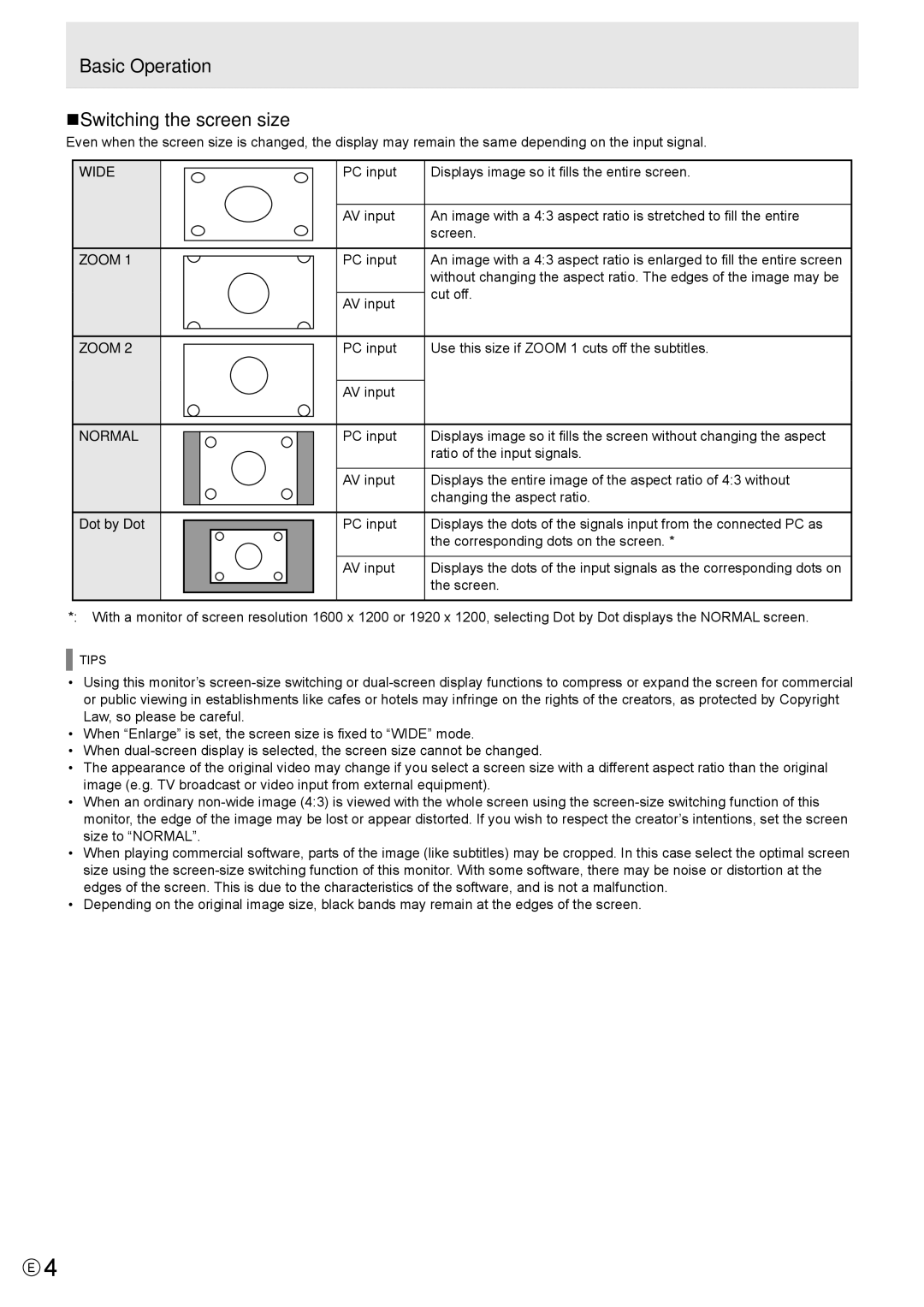 Sharp PN-S655 manual Basic Operation NSwitching the screen size, Wide Zoom Normal, Dot by Dot, Cut off 