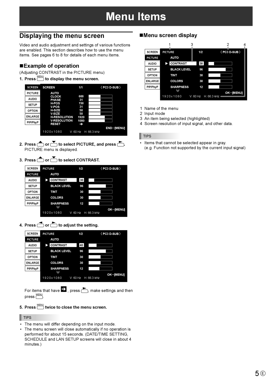 Sharp PN-S655 manual Menu Items, Displaying the menu screen, NExample of operation, NMenu screen display 