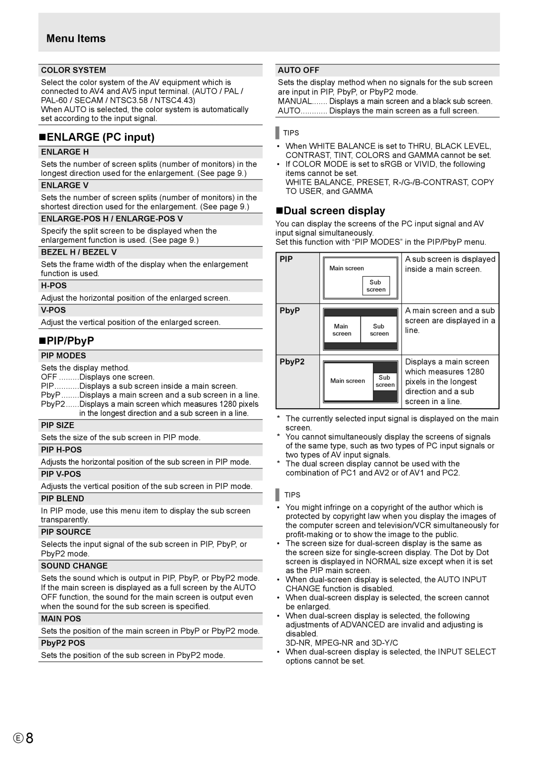 Sharp PN-S655 manual NENLARGE PC input, NPIP/PbyP, NDual screen display 