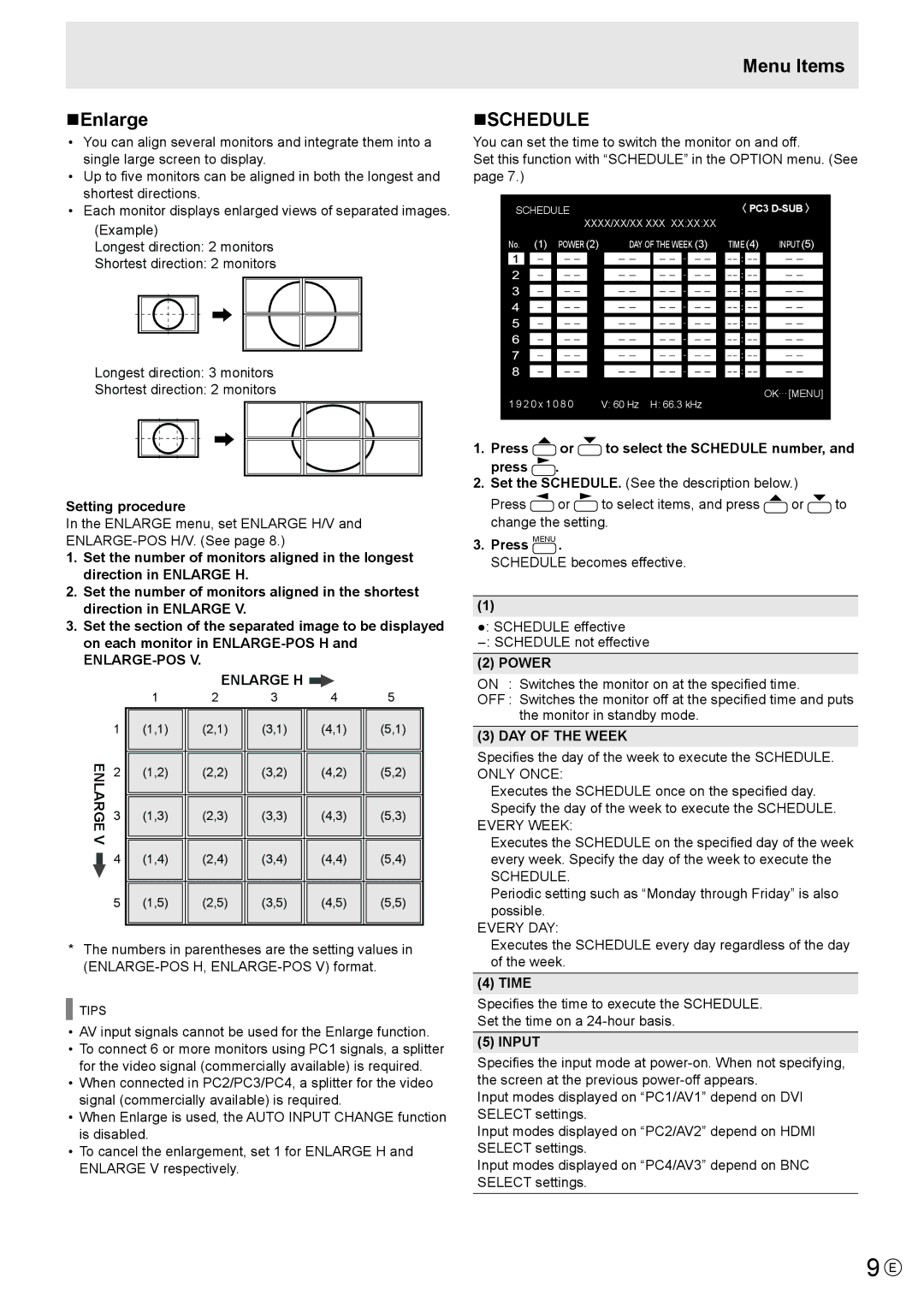 Sharp PN-S655 manual NEnlarge, Menu Items NSCHEDULE 