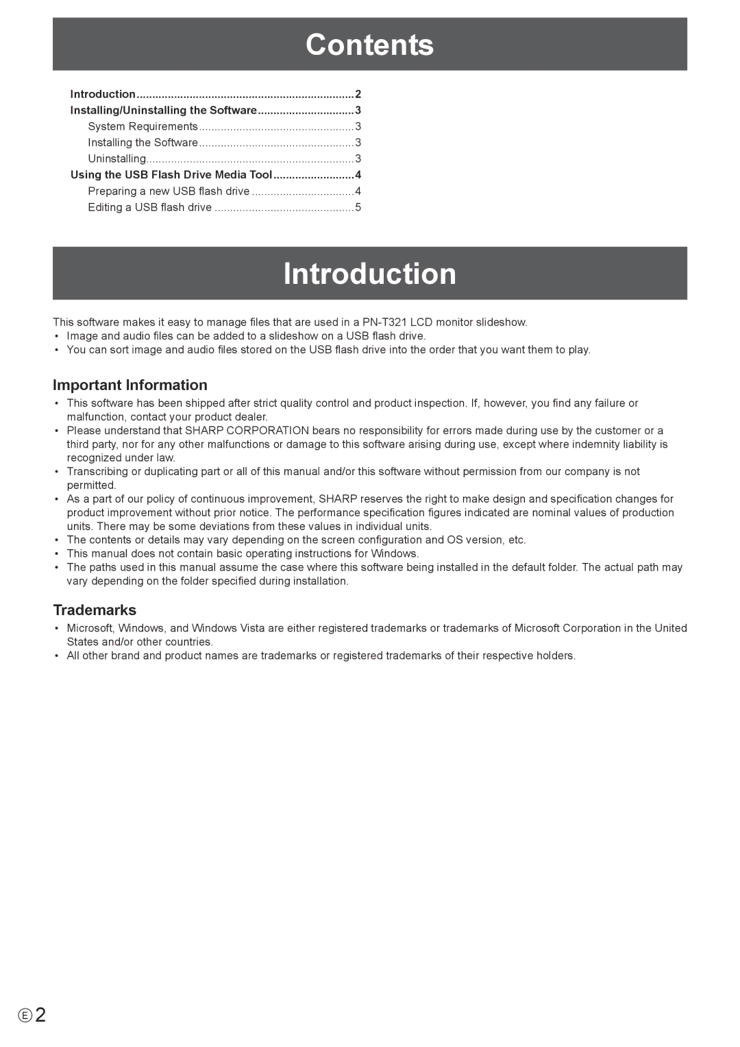 Sharp PN-T321 operation manual Contents, Introduction 