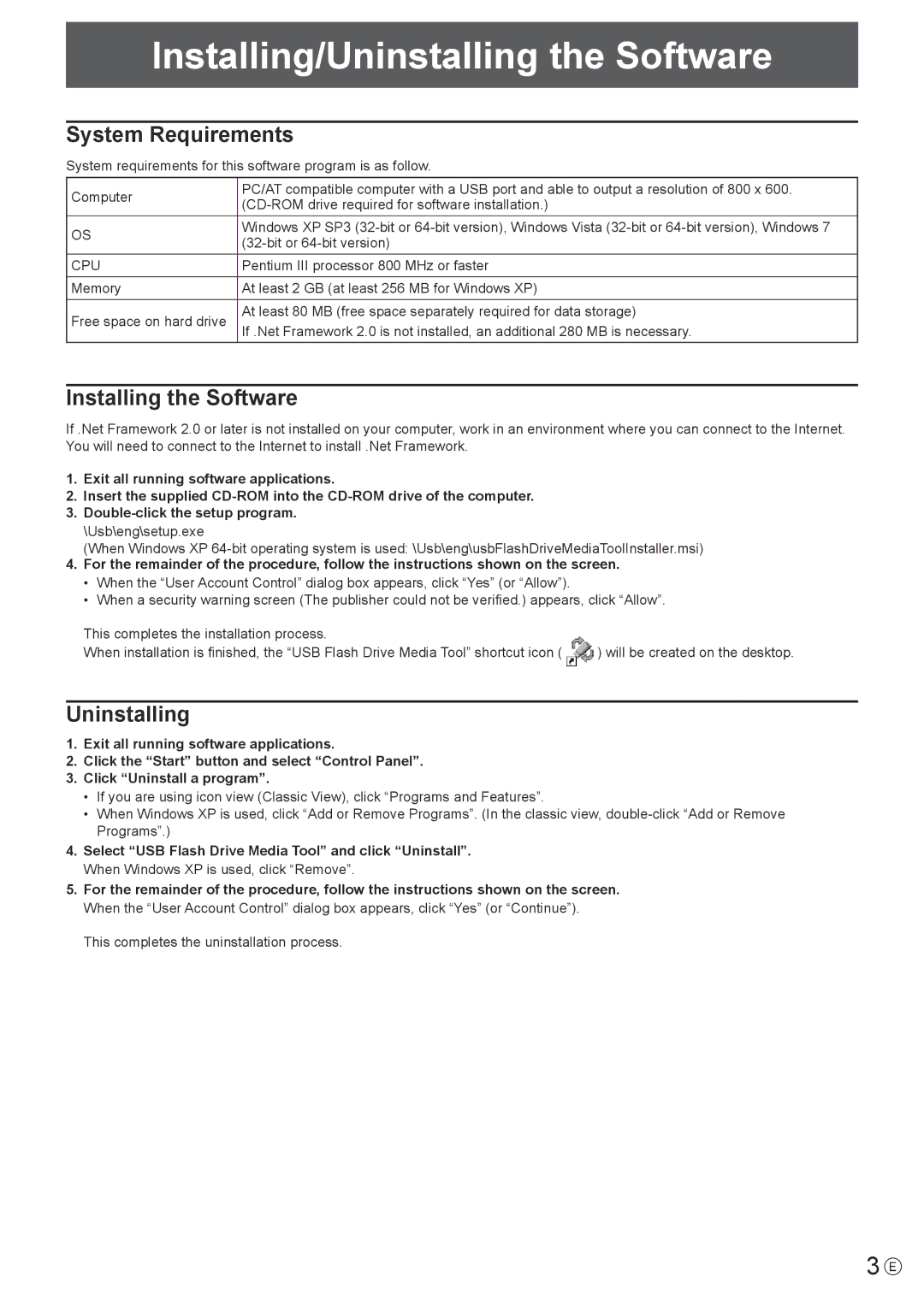 Sharp PN-T321 operation manual Installing/Uninstalling the Software, System Requirements, Installing the Software 